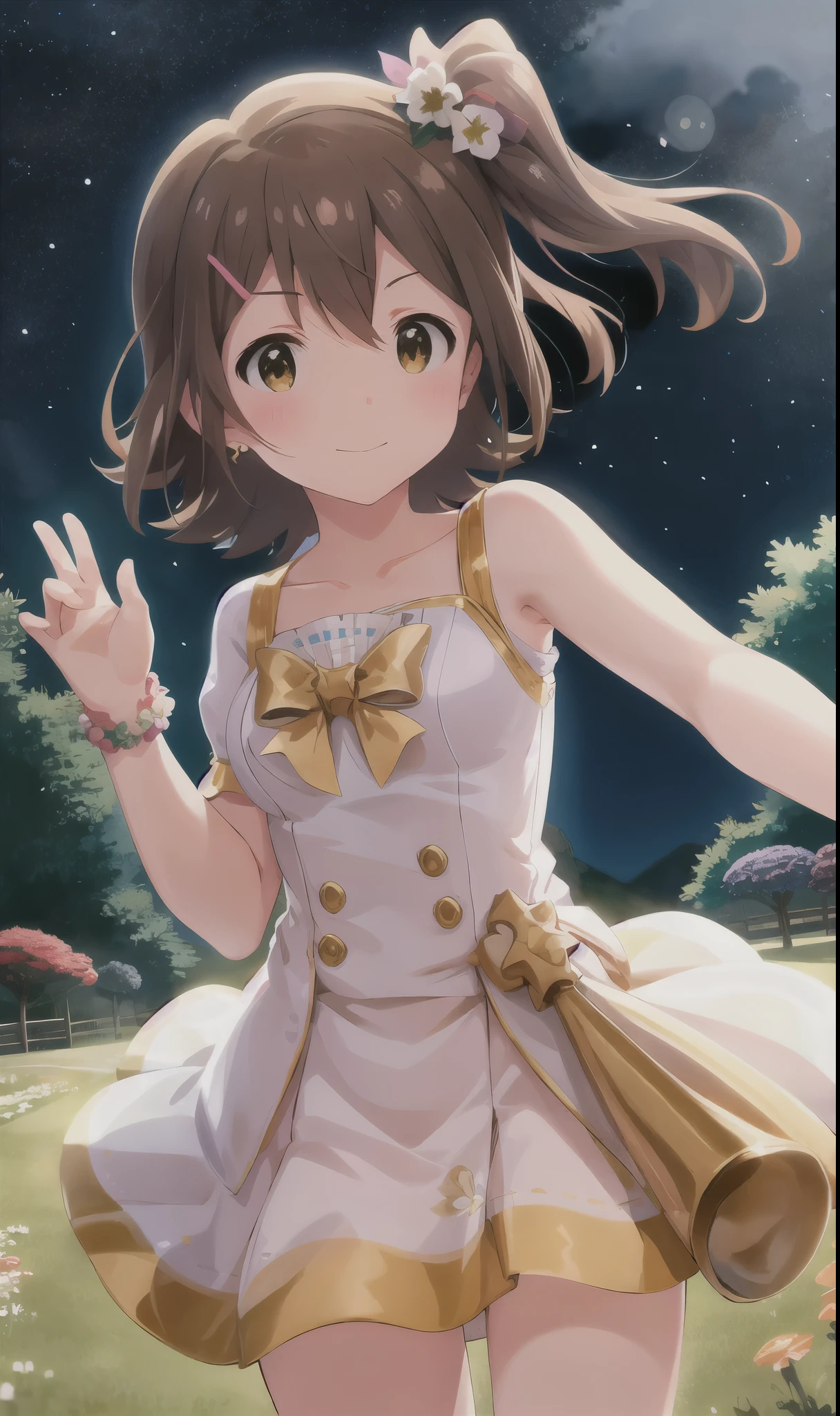mirai kasuga (million live), (best quality, 8K, masterpiece, ultra detailed:1.2), wide shot, depth of field, light particles, lens flare, sparkle, shiny skin, backlighting,
gredient sky, beautiful clouds, constellation, reflective floor, wildflowers, surreal colors, glowing foliage, otherworldly atmosphere,
1girl, solo, collarbone, wind, floating hair, (hairclip), slight smile, blush, earrings