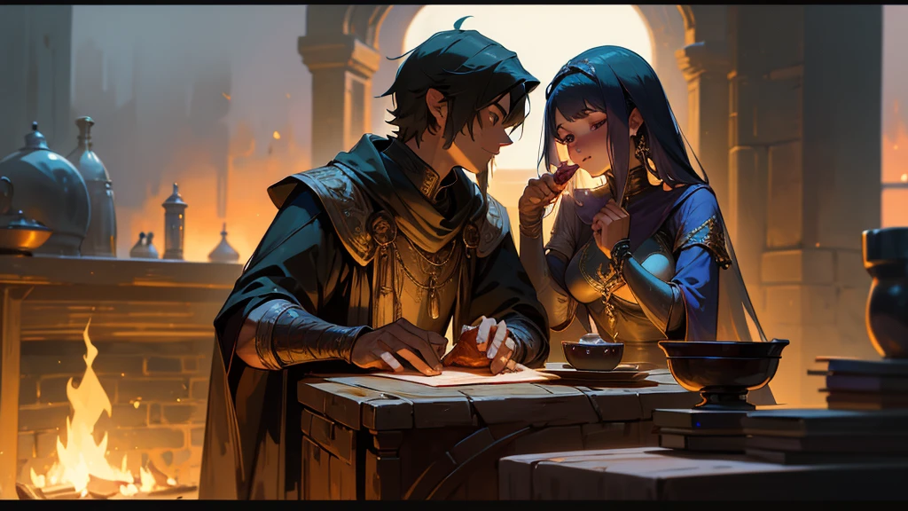 Adventurers chatting in front of the fireplace、Delicious meat dishes and cups on the table、Adventurer sitting on a wooden chair、Fantasy、middle ages、A woman wearing a transparent white robe、Woman in bikini armor、Male thief、Dim Tavern、Dimly lit interior、Warm light from the fireplace、Wooden Room、Brick fireplace、Big Breasts、sexy、Moonlight、Downlight、full moon、Plump、Sideboob、4K、8k、Highest quality