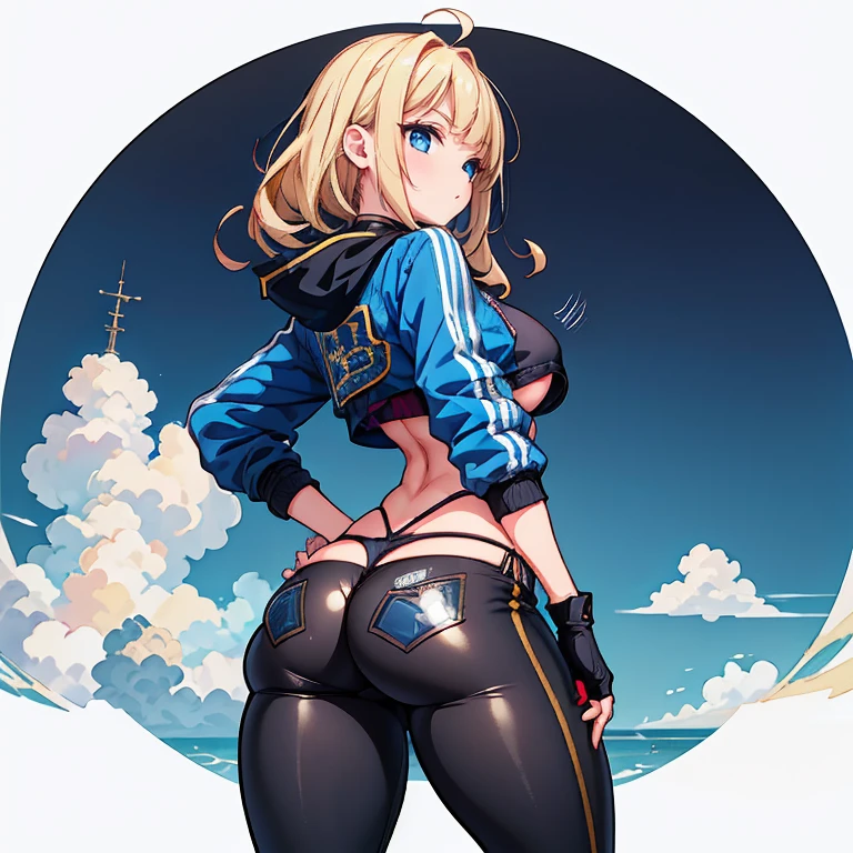 Anime Kawaii sexy Perfect Slim sensual body large breast and huge thighs, An intricate and highly detailed illustration of anime (Young girl) Blonde girl sf6, black sports well, choker, 1 girl, standing alone, clothes open, black pants, looking ahead at viewer, へそ, abdomen, White background, blue colored eyes, scar on the face, red gloves, scar on cheek, muscular, antenna hair, hand on hip, black choker, open jacket, cropped jacket, thick-thighs grossas, hair blonde, gloves fingerless, sports well, shorth hair, thick-thighs,  muscular female, tummy, Blue jacket, (((standing backwards))), big-ass, focus on the ass