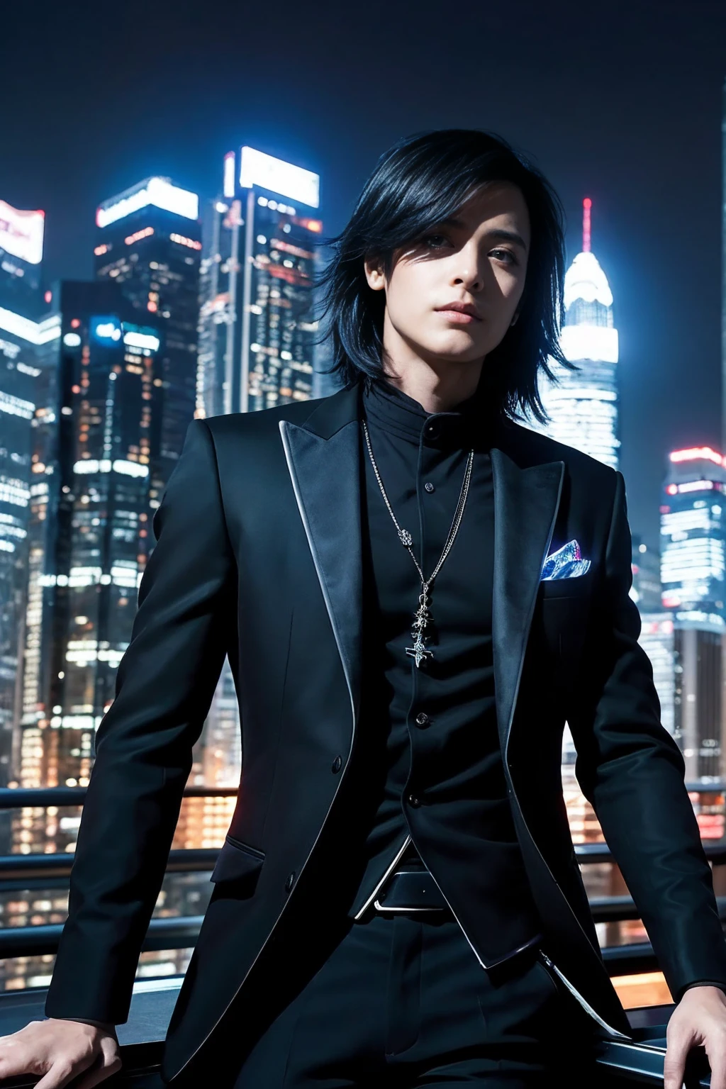 A hyper-realistic illustration of a person with black hair, dressed in a luxurious, modern suit that exudes wealth. The person is looking upwards with a slight tilt of the head, displaying a confident and determined expression. The background is a futuristic cityscape with neon lights and high-tech elements. The overall style is sleek and modern, with vibrant colors and a sci-fi atmosphere. A luxury car is in the background, and there is a faint AI hologram. The image is in widescreen aspect ratio.