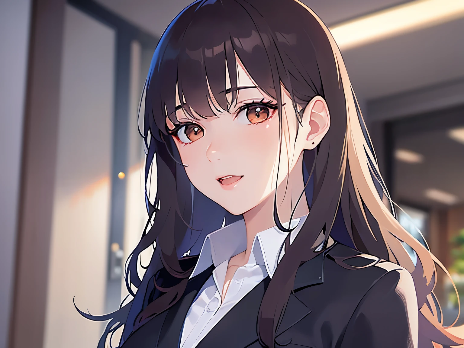 Detailed CG,Ultra-fine illustrations,masterpiece,Highest quality,BREAK(business suit:1.5) and (white collared shirt)BREAK,Realistic,Real person,RAW Photos,Realistic(Pale skin:1.2),Glowing Skin,Shiny Hair,(A 27-year-old woman with medium-length hair and bangs)and(Wavy Hair)and(Brown Hair)and(Orange eyes),(Cold Smile),(open mouth),The background is the company reception desk.,Alone