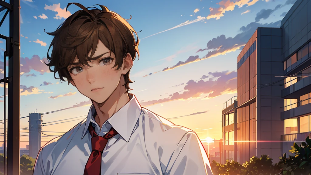 The background is the vacant lot behind the gymnasium illuminated by the summer sunset.、An upper body shot of a manly, handsome high school boy、The high school boy has light brown hair, his ears and face are dyed red, and he is looking at me with a very embarrassed expression.、He is wearing his summer uniform shirt and loose tie.