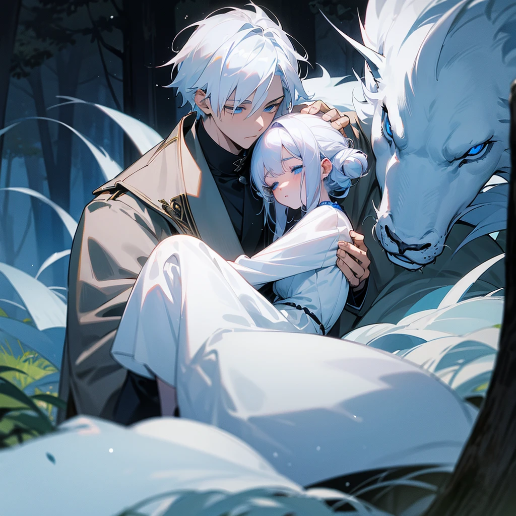 White hair-blue eyes boy, carrying a sleeping 16 year old woman with ears in his arms, white beast in the middle of the forest, evening