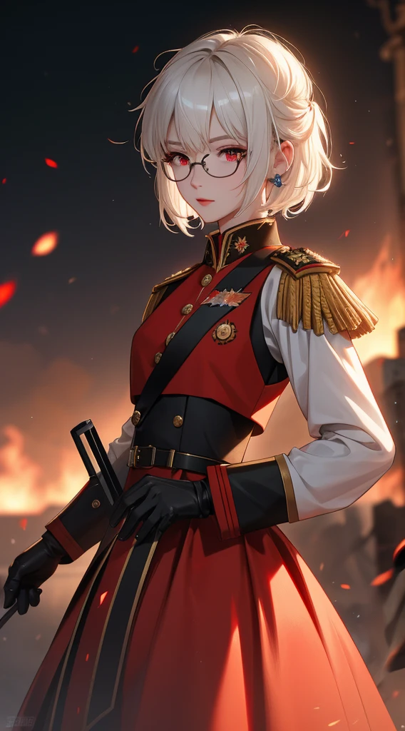 masterpiece , girl, On the battlefield, ( Light white short hair:1.2), (Red eyes:1.2), (Russian military uniforms:1.2), (View your viewers:1.2) , (8k, 最high quality 1.2), Very detailed, 8k uhd, Soft lighting, high quality, Film Grain, Beautiful lighting, Cinematic ,Perfect body , Best lighting, Best Shadow, Sharpness, Contrast, Red glasses, Messy Hair, Tactical Vest, gloves, headset, Absurd high definition faces