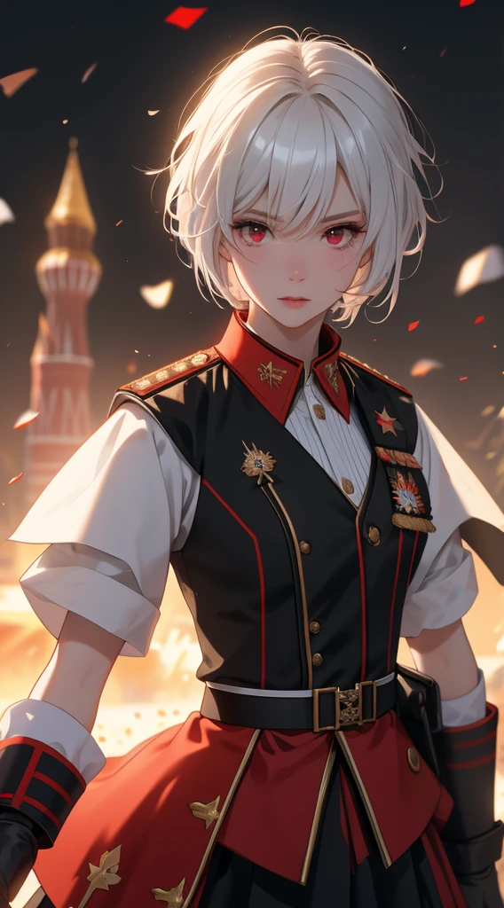 masterpiece , girl, On the battlefield, ( Light white short hair:1.2), (Red eyes:1.2), (Russian military uniforms:1.2), (View your viewers:1.2) , (8k, 最high quality 1.2), Very detailed, 8k uhd, Soft lighting, high quality, Film Grain, Beautiful lighting, Cinematic ,Perfect body , Best lighting, Best Shadow, Sharpness, Contrast, Red glasses, Messy Hair, Tactical Vest, gloves, headset, Absurd high definition faces