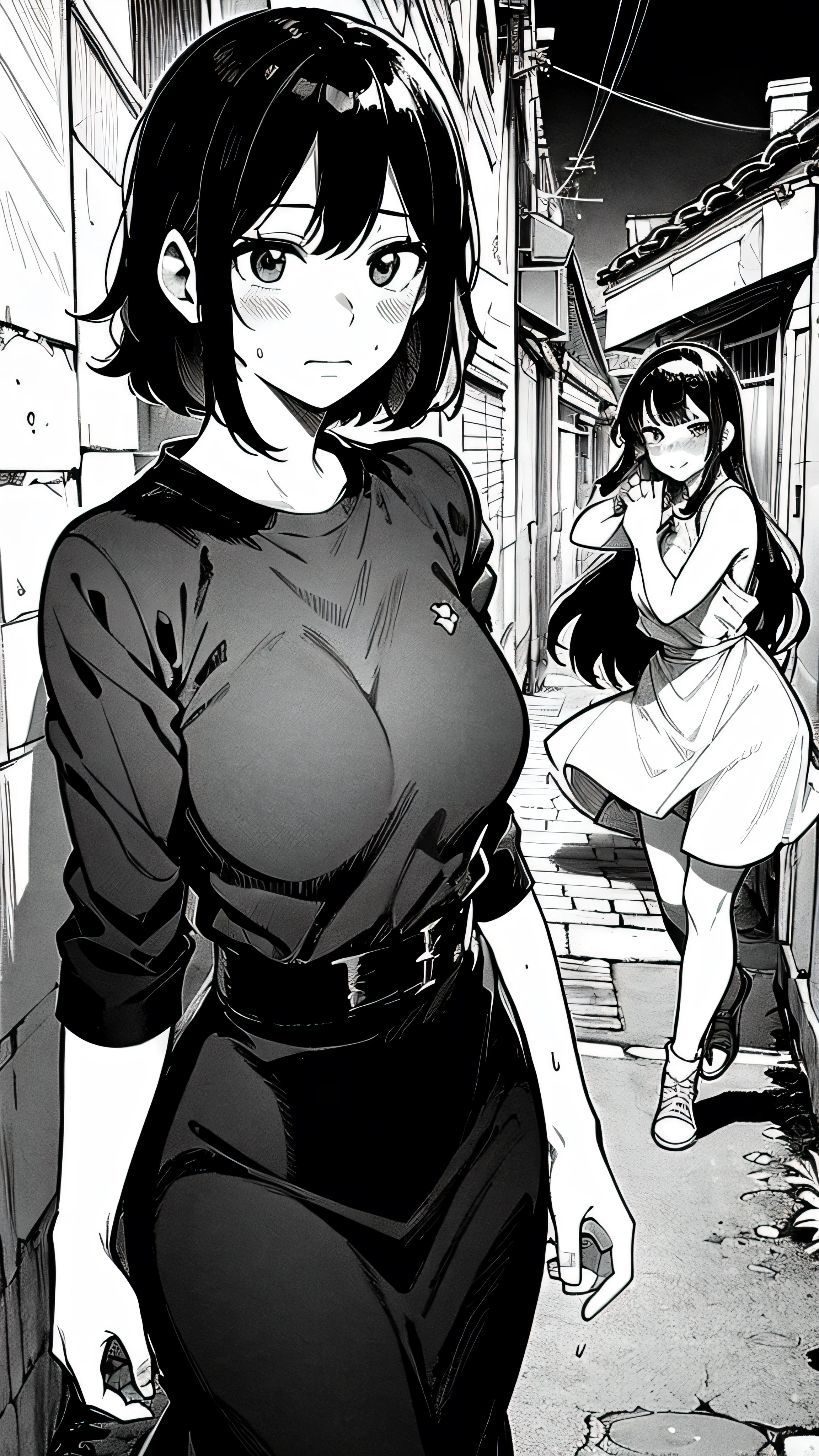 Women blushing, old town alley in background, black and white manga image