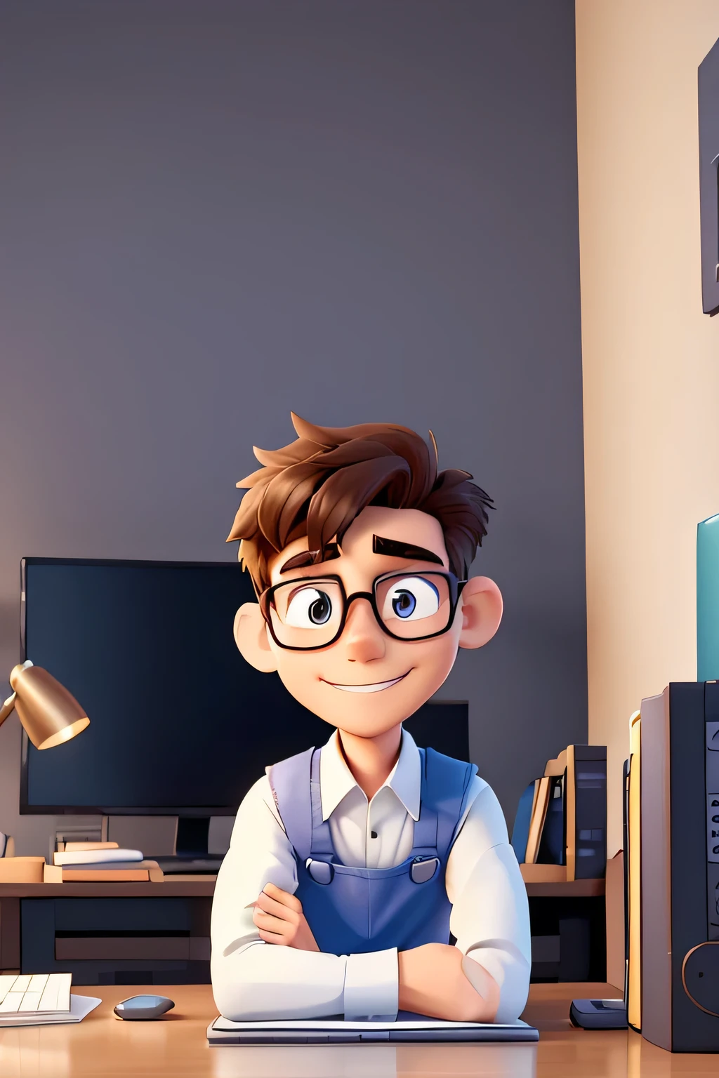 Anime friendly and beautiful-looking male character is wearing semi-formals with specs .Sitting behind his laptop in his studio, arms on his desk. It is night. The room is minimalistic. Front facing to the camera, with smiling face, looking straight and centered, central portrait, sitting straight, front view, centered looking straight. The overall ambiance of the image should convey a connection to minimalism, flat illustration, bold line, minimalism, simplified, gouache illustration. 8k resolution, background contains book racks with windows in character background.