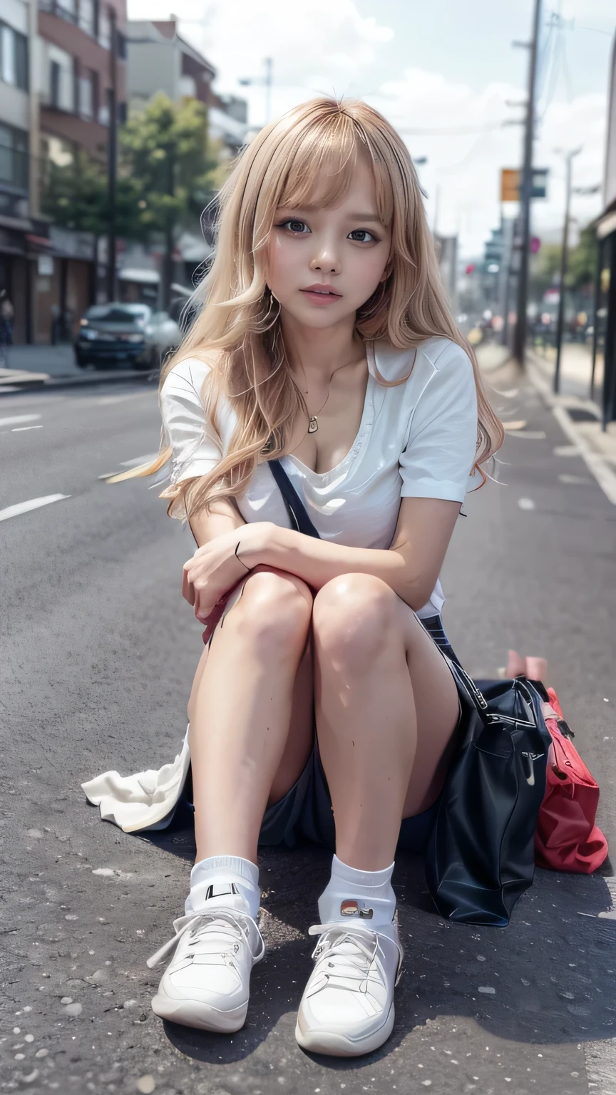 (Girl sitting on bench in Tokyo street:1.2、Sitting on a bench on a street corner)、((Black T-shirt、(White pleated skirt:1.2)、White socks、sneakers)、(Sports Bags、The strap of the bag passes between the chest、paisla:1.5)、(Realistic、Like a photograph、Live Action、8k, Realistic, RAW Photos, Best image quality: 1.4), Single-lens reflex camera、RAW Photos, Highest quality, Realistic, Highly detailed CG Unity 8k wallpaper, Written boundary depth, Cinematic Light, Lens flare, Ray Tracing, Realistic background、((Ultra-Dense Skin))、  girl after school,Cute gal、(whole body:1.5)、Very detailedな顔，avert your eyes:1.1、(Blonde、Long Hair:1.2、My hair is blowing in the wind:1.4)、I like that style、stylish、Very detailed、Pay attention to the details、Perfect outfit、(White skin)、Front view、Accurate hands、Accurate legs、Detailed hands and fingers、Anatomically correct body、Thin legs、Thin thighs、Small breasts、Super detailed face