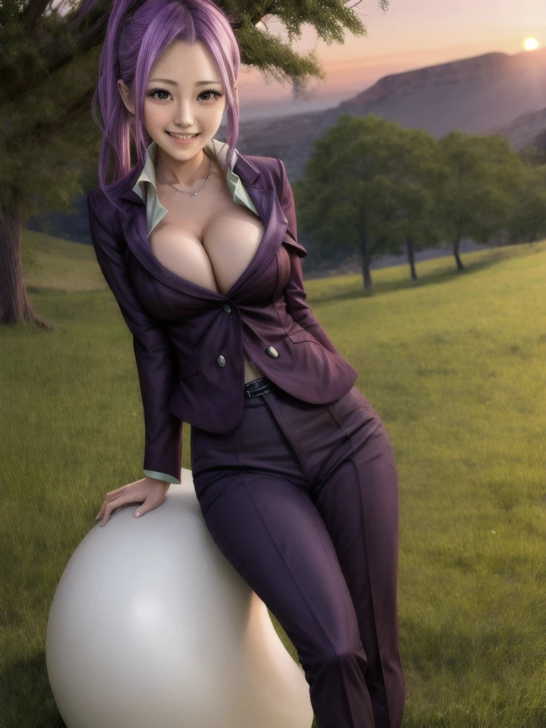 One girl, Zion, Purple Hair, Horn,Large Breasts, suit, ponytail, Jacket, formal, pants, Are standing, sunset, grassland, Cleavage, alone, View your viewers, smile,