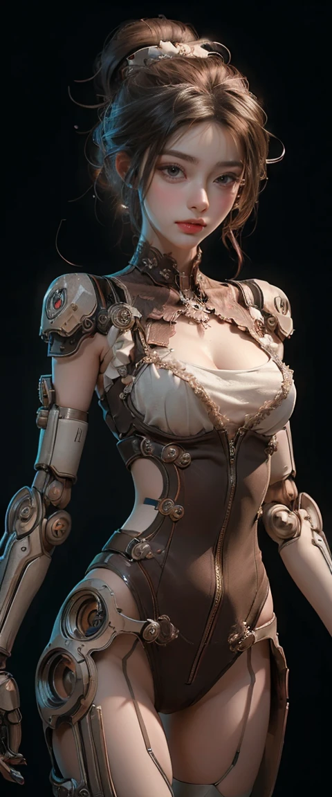 ((masterpiece, best quality, Highest image quality, high resolution, Reality, RAW photos, 8K)), mechanical puppet, Her body is made of gears and a wooden frame. White background, Blank laboratory, 
