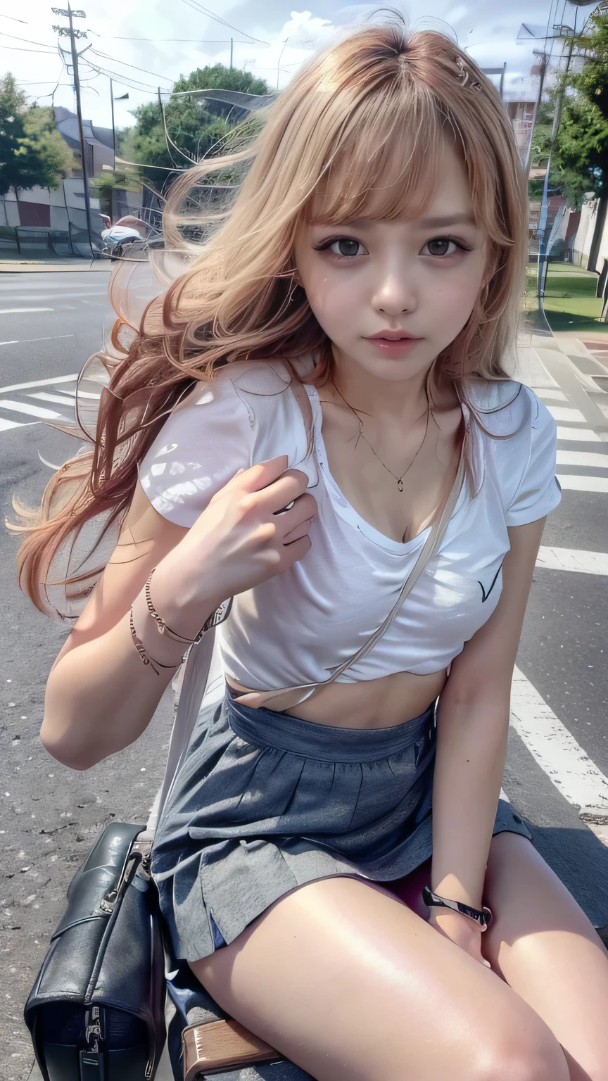 (Girl sitting on bench in Tokyo street:1.2、Sitting on a bench on a street corner)、((Black T-shirt、(White pleated skirt:1.2)、White socks、sneakers)、(Sports Bags、The strap of the bag passes between the chest、paisla:1.5)、(Realistic、Like a photograph、Live Action、8k, Realistic, RAW Photos, Best image quality: 1.4), Single-lens reflex camera、RAW Photos, Highest quality, Realistic, Highly detailed CG Unity 8k wallpaper, Written boundary depth, Cinematic Light, Lens flare, Ray Tracing, Realistic background、((Ultra-Dense Skin))、 15 year old girl after school,Cute white gal、(whole body:1.5)、Very detailedな顔,avert your eyes:1.1、(Blonde、Long Hair:1.2、My hair is blowing in the wind:1.4)、I like that style、stylish、Very detailed、Pay attention to the details、Perfect outfit、(White skin)、Front view、Accurate hands、Accurate legs、Detailed hands and fingers、Anatomically correct body、Thin legs、Thin thighs、Small breasts、Super detailed face