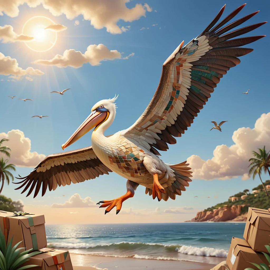 Made with Moroccan mosaic print, Concept Art, Pelican flying in the natural sky, ((The pelican is carrying the postman&#39;s bag in its beak))、Super detailed, sunrise, Ultrafine, Embarrassing, Aetherpunk, Side light, 50mm, colorful, zlj-xl