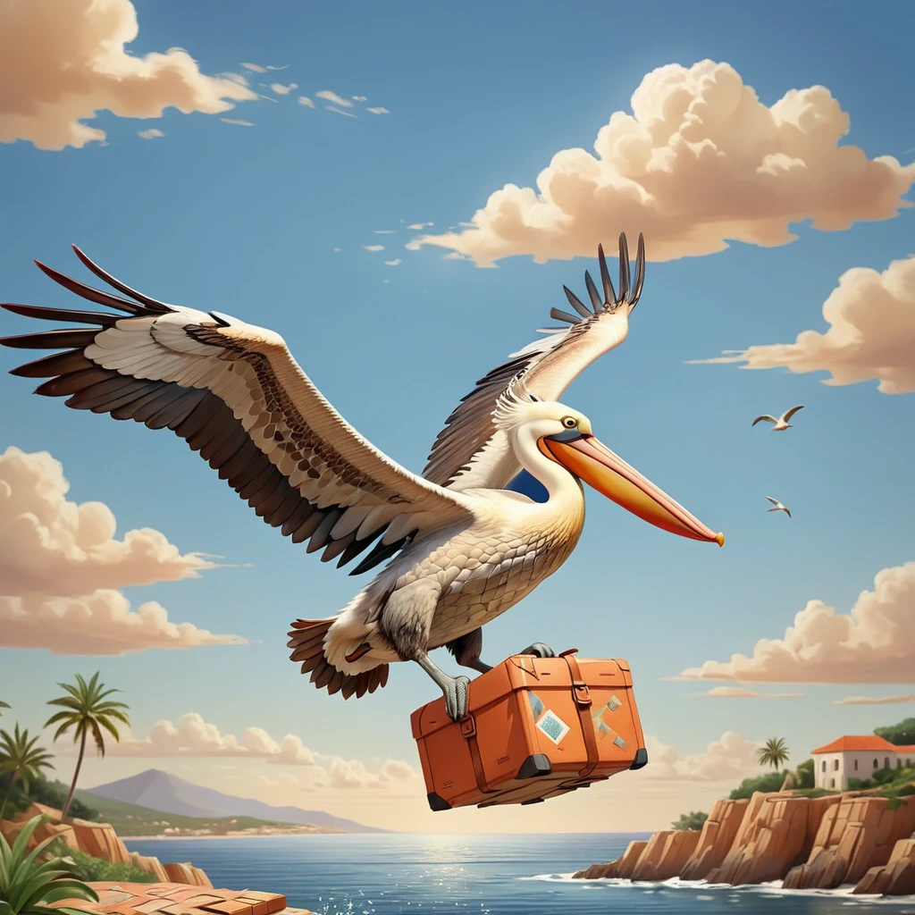 Made with Moroccan mosaic print, Concept Art, Pelican flying in the natural sky, ((The pelican is carrying the postman&#39;s bag in its beak))、Super detailed, sunrise, Ultrafine, Embarrassing, Aetherpunk, Side light, 50mm, colorful, zlj-xl