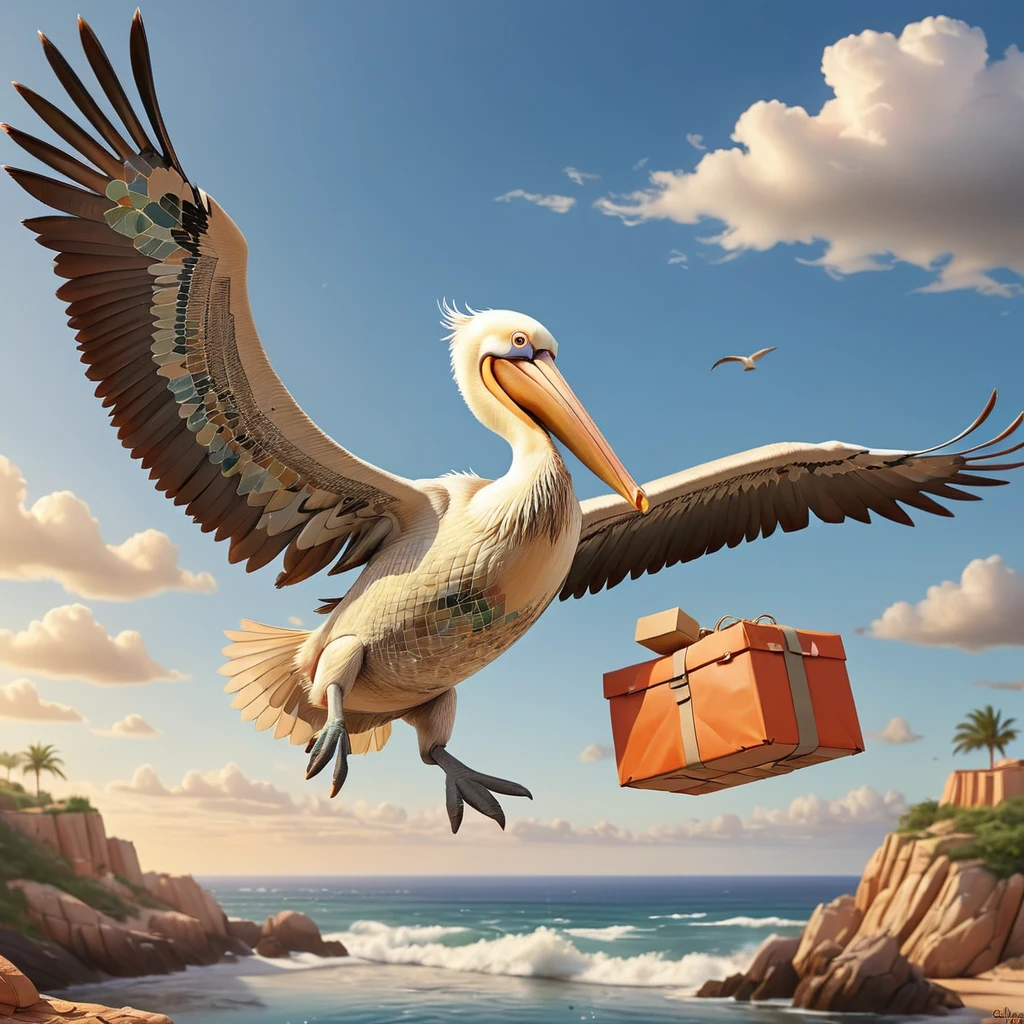 Made with Moroccan mosaic print, Concept Art, Pelican flying in the natural sky, ((The pelican is carrying the postman&#39;s bag in its beak))、Super detailed, sunrise, Ultrafine, Embarrassing, Aetherpunk, Side light, 50mm, colorful, zlj-xl