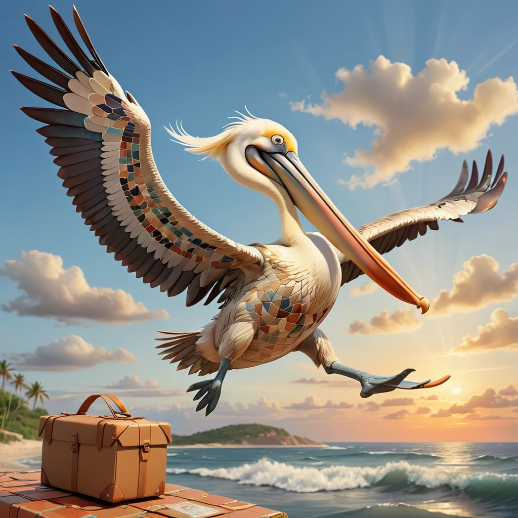 Made with Moroccan mosaic print, Concept Art, Pelican flying in the natural sky, ((The pelican is carrying the postman&#39;s bag in its beak))、Super detailed, sunrise, Ultrafine, Embarrassing, Aetherpunk, Side light, 50mm, colorful, zlj-xl