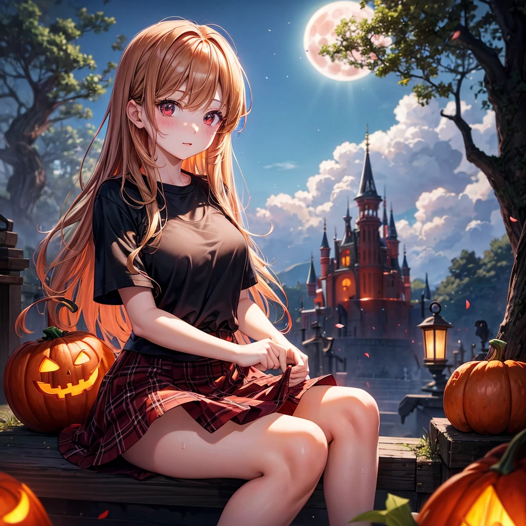 reddish brown blonde、Red eyes、One cute girl、solo、And soul、Light clothing、Checked mini skirt、petal、Wet hair、Sit on、black t-shirts、large tree、cloud、Red full moon、monster castle、Lantern in the shape of a pumpkin、Hell's Gate、armor、barefoot、Stones are piled up、Teeth are visible、Secret Treasure、Wooden chair、Moss grows、Fortress City、water is gushing out、Lightning strikes、Tilting face、Marble floor