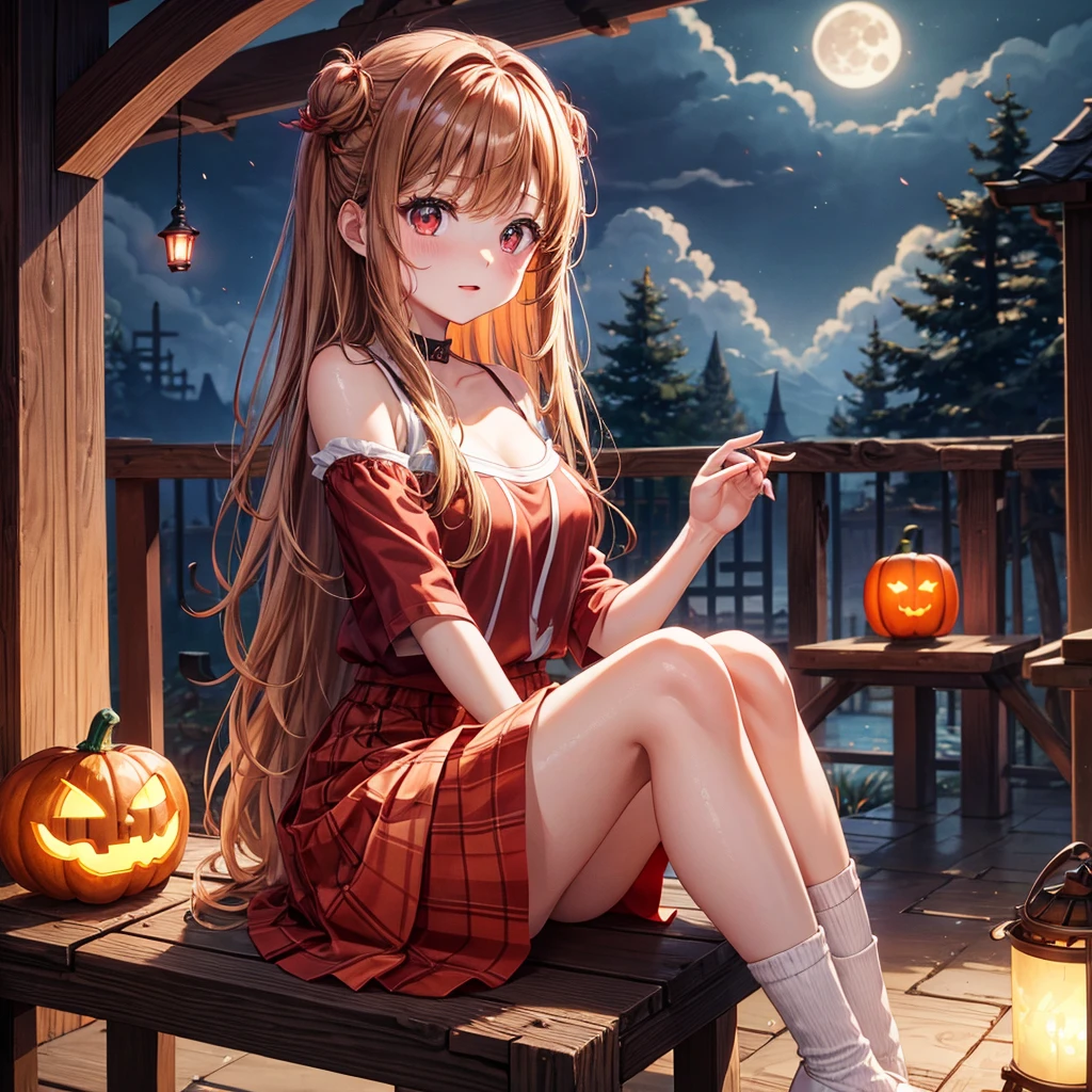 reddish brown blonde、Red eyes、One cute girl、solo、And soul、Light clothing、Checked mini skirt、petal、Wet hair、Sit on、black t-shirts、large tree、cloud、Red full moon、monster castle、Lantern in the shape of a pumpkin、Hell's Gate、armor、barefoot、Stones are piled up、Teeth are visible、Secret Treasure、Wooden chair、Moss grows、Fortress City、water is gushing out、Lightning strikes、Tilting face、Marble floor