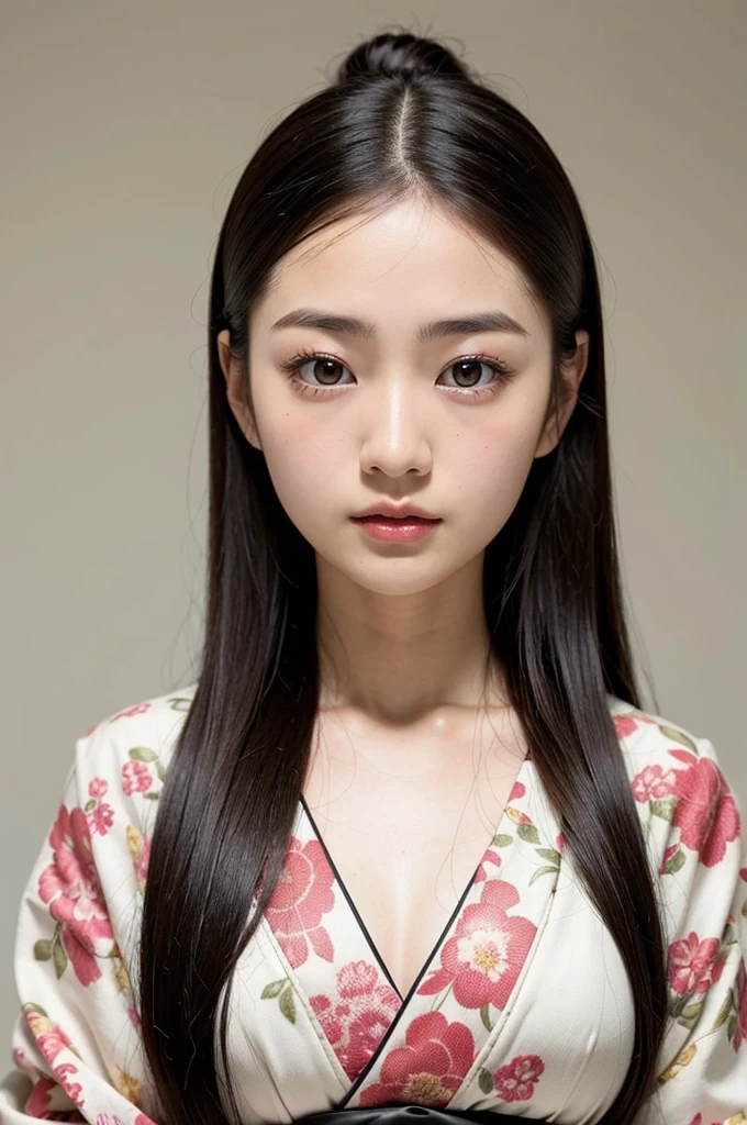 Japanese girl, white skin, dark hair, wearing a Japanese , big eyes, oval face, beautiful high nose.