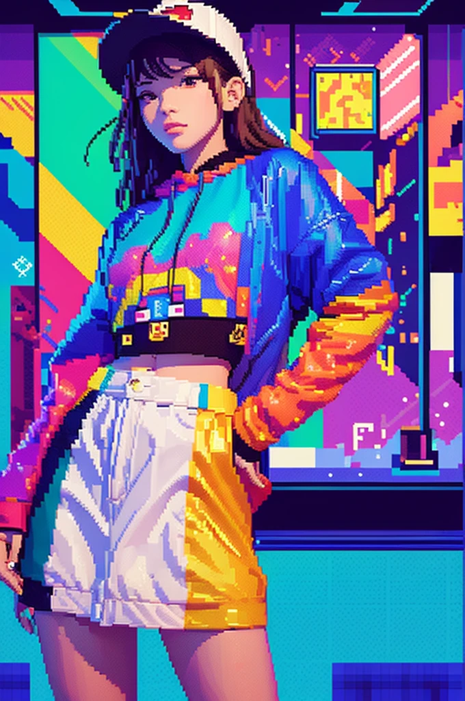 ((in the style of pixel art)), pixel, 4 bits pixel art,The aesthetics of vaporwave, Bright colors, A girl dressed in cyberpunk style, Cowboy Shot,whole body