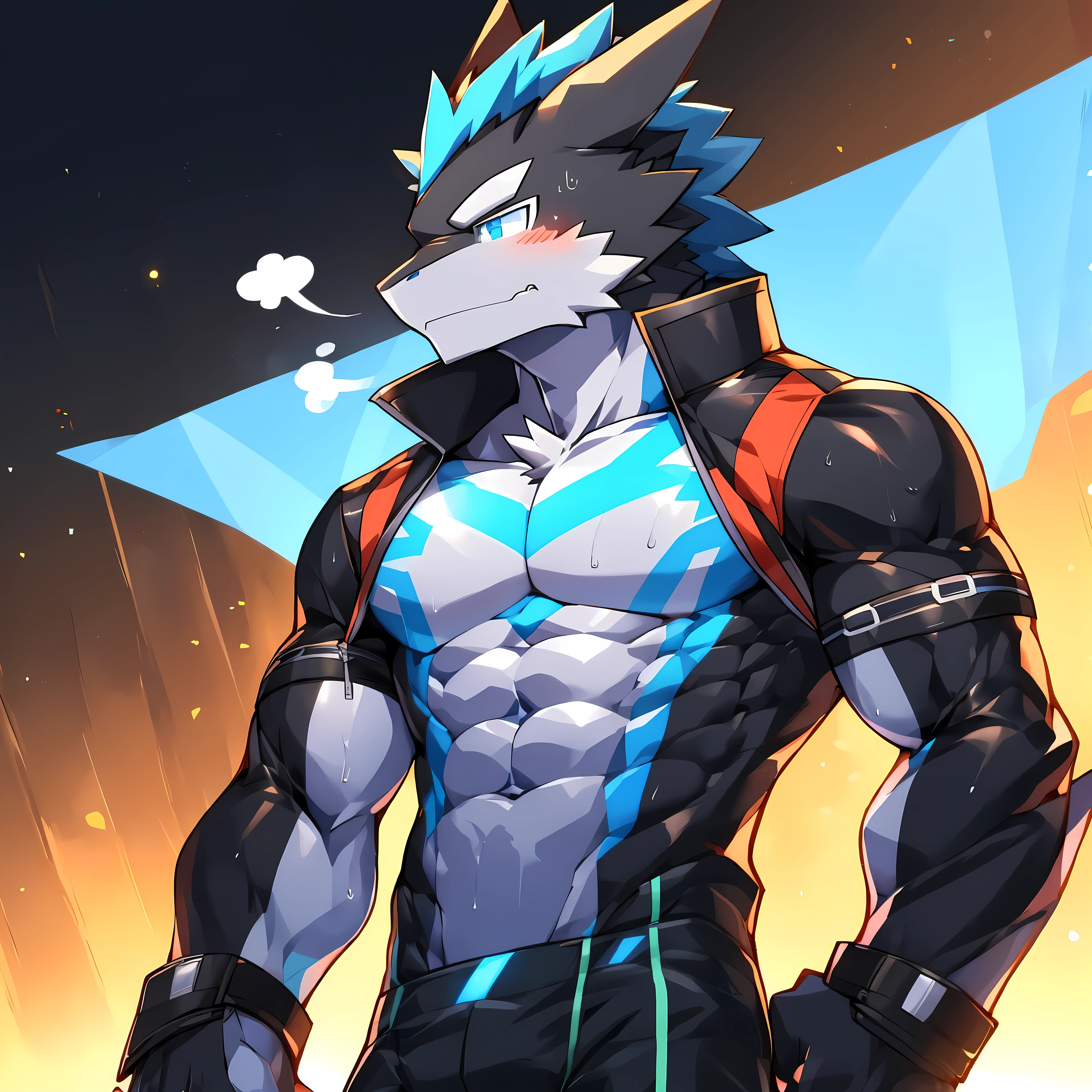 Thin macho western black dragon abs Hollow abs body suit thick arms chest rig 、sweaty skin glow profile Wearily short of breath Chemo shota
have a blue eyes Tired look jacket