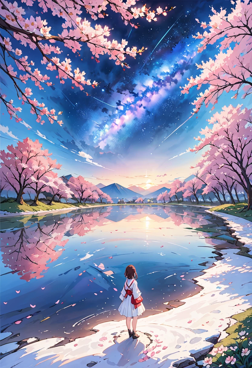 ((Highest quality)), ((masterpiece)), ((Ultra Wide Angle)),night,woman、,Standing on a salt lake,The water surface is like a mirror,Reflecting the sky。Look at the sky,The Milky Way is in the sky,(cherry blossoms),cherry blossoms並木,ピンクのcherry blossoms,(cherry blossomsの巨木)