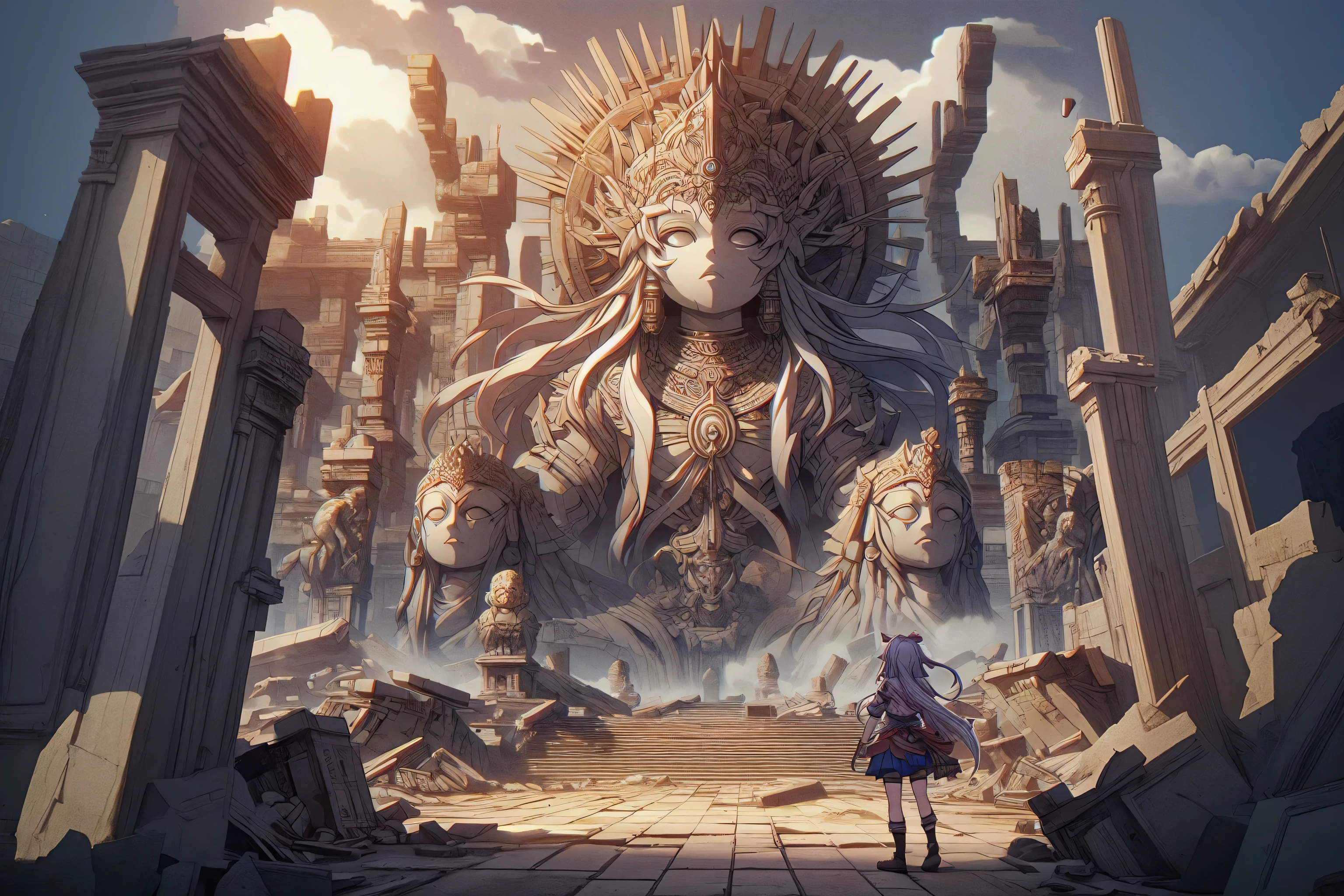 ancient and destroyed place as if it were a city of an ancient civilization with statues of gods in anime style