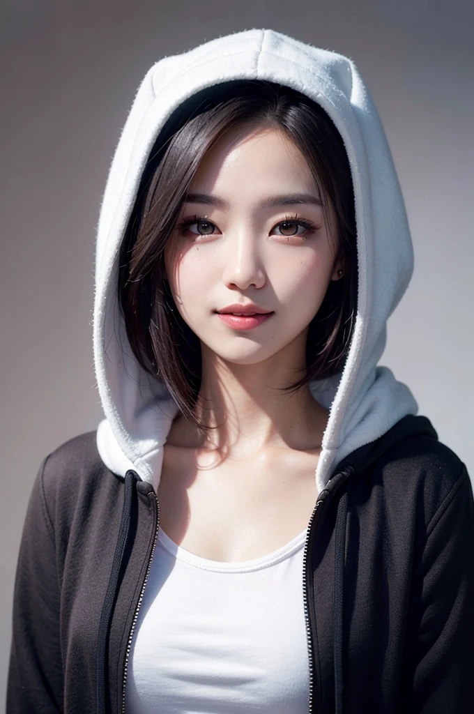 ((best quality)), ((masterpiece)), (detailed), , (best quality, 8k, masterpiece: 1.4) Korean woman in her 20s, portrait, enlargement, red eyes, black long nails, forehead, Black Hood, Short hair, black background, hood up, gray hair, red eyeliner, smile