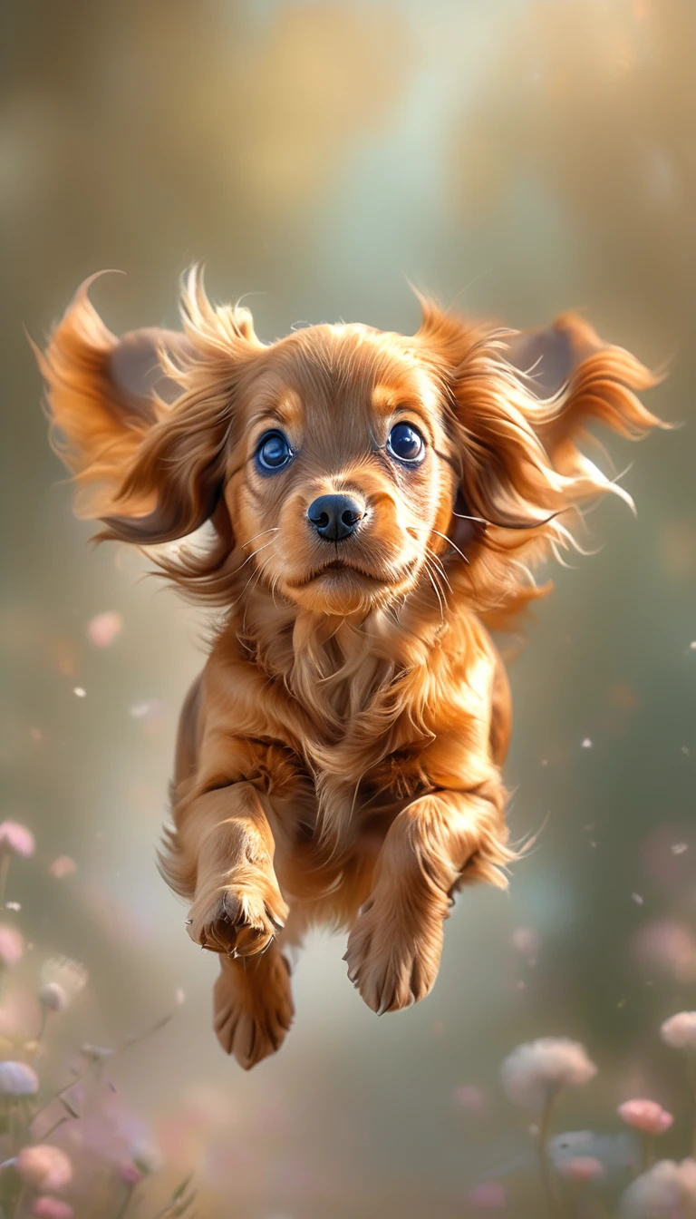 a cute and sweet flying puppy, Adorable puppy, 1 puppy, cute puppy, playful puppy, puppy with wings, fantasy puppy, capricious little dog, Adorable puppy portrait, detailed puppy face, cute puppy eyes, expressão de cute puppy, puppy in the sky, puppy flying, levitating puppy, pastel colours, soft lighting, cinematic lighting, Fantasyart, digitalpainting, highy detailed, awardwinning, (best qualityer,4K,8k,high resolution,work of art:1.2),ultra detali,(realisitic,photorealisitic,photo-realisitic:1.37)