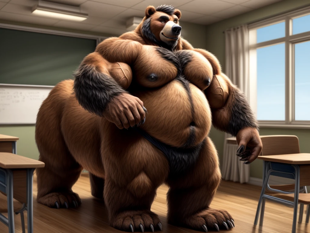 furry, fur taur, beartaur, human-like, anthro, middle-age, solo,1man, detailed face, bear ears, bear eyes(brown), bear nose(black), bear mouth, beard(grey), hair, mature hair(grey), detailed arm, thick arm, forearm hair, muscular, thick hands(5 fingers), thick claws, detailed body belly, thick body, muscle belly(white), thick chest, chest hair(white), nipples, detailed taur body, thick taur body, waist hair, thick bear paws, bear paws hair, thick bear claws, thick bear tail, full body shot, standing in the classroom