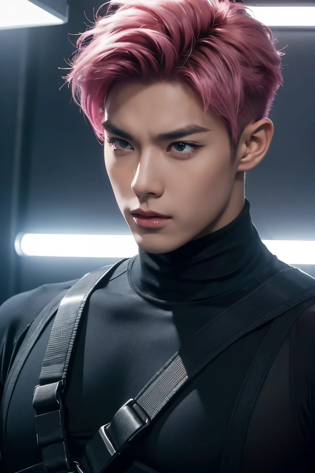 A muscular kpop idol boy with pink hair, looking directly at the viewer from a high angle, wearing a black turtleneck and chest harness, ultra-detailed, photorealistic, dramatic studio lighting, cinematic, sharp focus, vivid colors, 8k, masterpiece