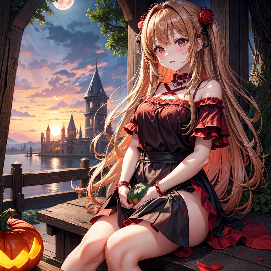 reddish brown blonde、Red eyes、One cute girl、solo、And soul、Light clothing、Checked mini skirt、petal、Wet hair、Sit on、black t-shirts、large tree、cloud、Red full moon、monster castle、Lantern in the shape of a pumpkin、Hell&#39;s Gate、armor、barefoot、Stones are piled up、Teeth are visible、Secret Treasure、Wooden chair、Moss grows、Fortress City、water is gushing out、Lightning strikes、Tilting face、Marble floor