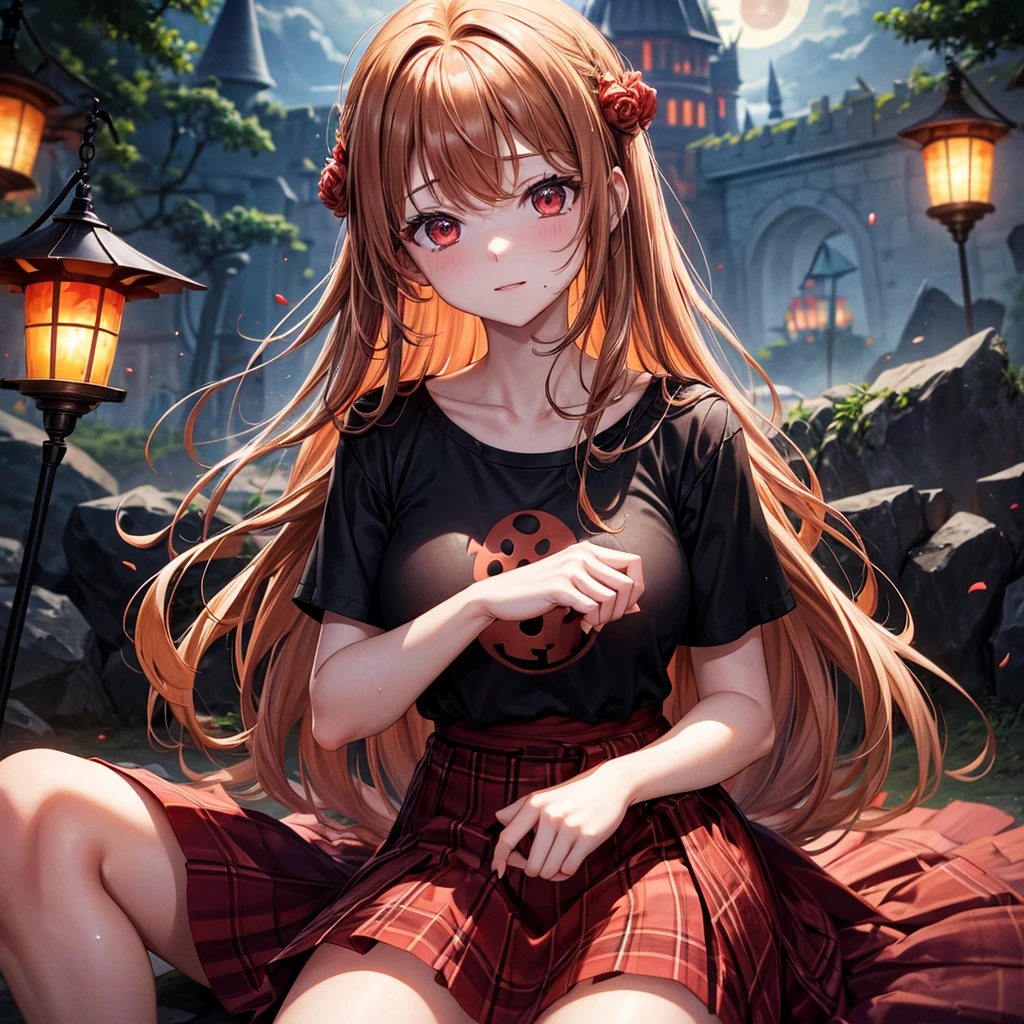 reddish brown blonde、Red eyes、One cute girl、solo、And soul、Light clothing、Checked mini skirt、petal、Wet hair、Sit on、black t-shirts、large tree、cloud、Red full moon、monster castle、Lantern in the shape of a pumpkin、Hell's Gate、armor、barefoot、Stones are piled up、Teeth are visible、Secret Treasure、Wooden chair、Moss grows、Fortress City、water is gushing out、Lightning strikes、Tilting face、Marble floor
