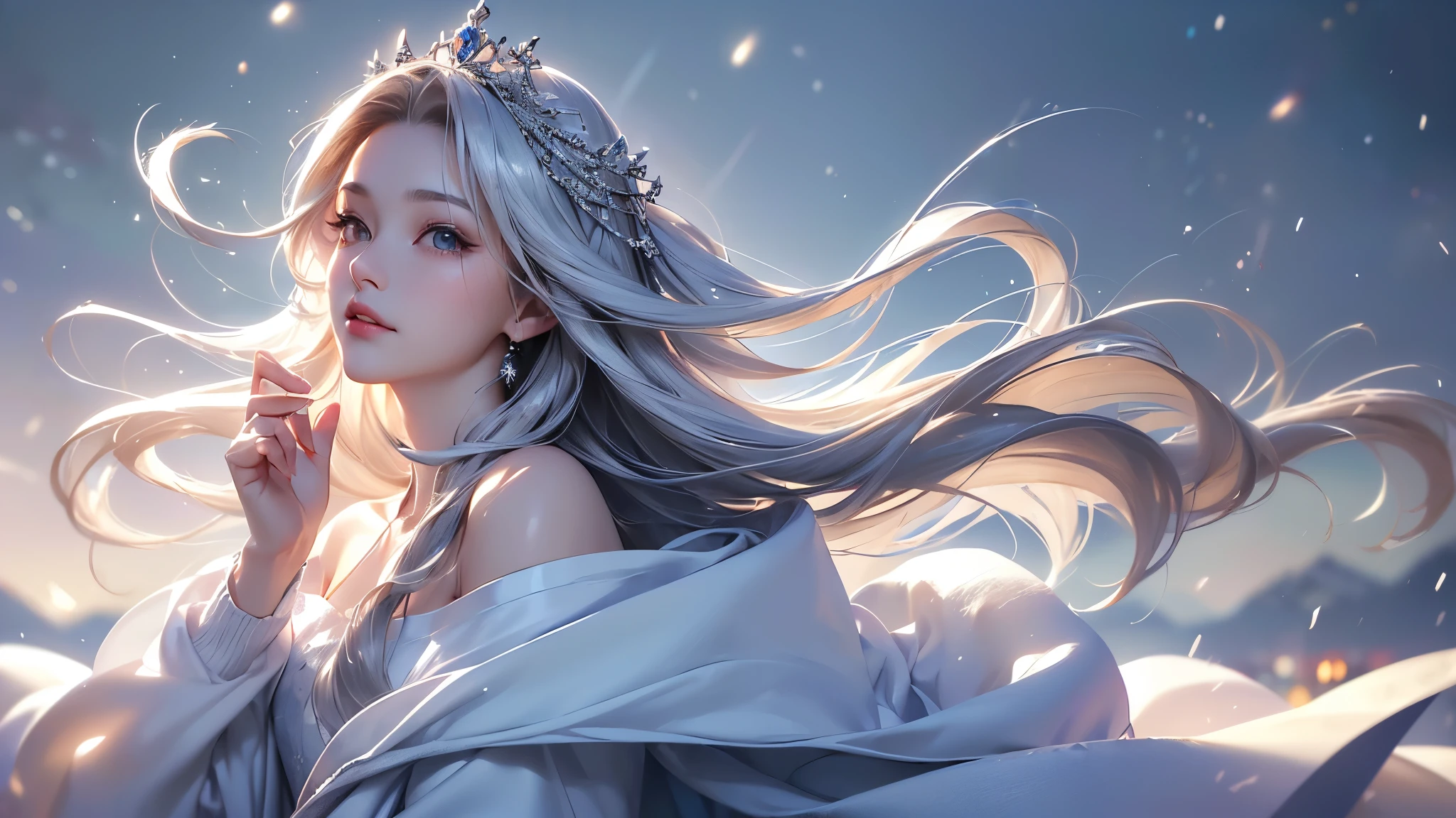 ((masterpiece:1.5、8k、Portraiture、フォトリアリスティックでVery detailedなCG、Very detailed、Particle Effects、Dynamic Effects、Shallow depth of field、Cinematic Light、Lens flare、Ray Tracing、Tabletop、Realistic:1.4、Ultra-high resolution:1.2、Realistic、Realistic))((alone、1 girl,A woman wearing a cashmere coat over an off-the-shoulder dress:1.4、Elegant woman posing、Look Up、Detailed face、bright表情、young, bright, Whiter skin、small breasts、Best Looks、Ultimate beauty、Shiny silver hair with highlights、bright and shiny hair,、Super long, Silky straight hair、Hair dancing in the wind))(morning、The setting is outdoors in the snow、Surrounded by illuminations)Wear warm clothes