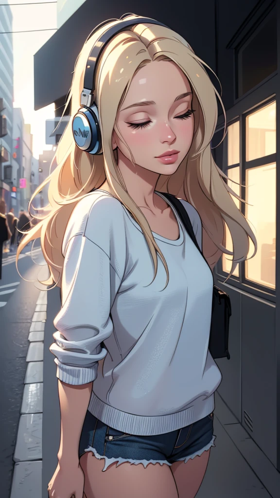 a casual fashion girl, blue headphones, beautiful blonde hair woman in her 20s, close your eyes, lofi girl in street, morning, lofi stylish, in LA (best quality,4k,8k,highres,masterpiece:1.2),ultra-detailed,(realistic,photorealistic,photo-realistic:1.37),intricate details,cinematic lighting,warm tones,vibrant colors,fashion photography,portrait