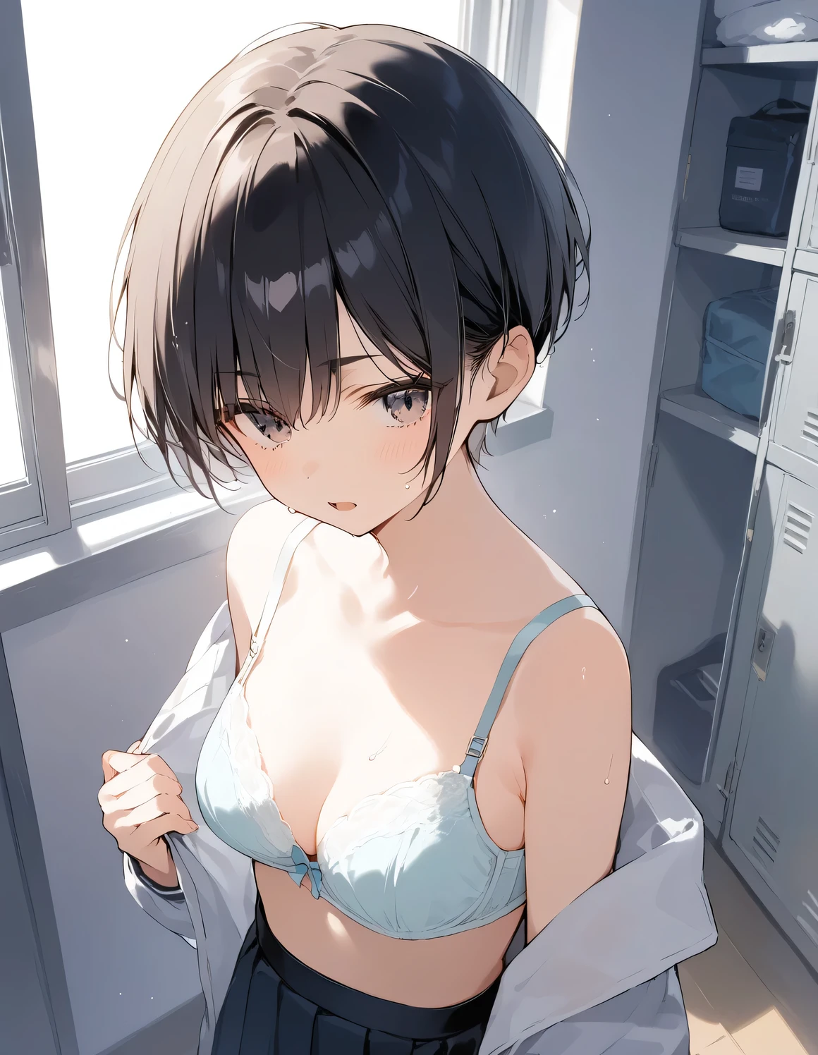 score_9, score_8_up, score_7_up, source_anime, best quality, masterpiece, official art, absurdres, highres, ultra-detailed,waifu2x,Collection: Serious Beauty,break,1girl, very short hair, pixie cut, breasts, beautiful detailed eyes, expressionless, school_uniform, underwear, bra, sweat, open mouth, (yawn:0.3), sleepily,dressing, indoors, school locker room, break,(clear line illustration:1.2), super detailed skin,very high resolution, very aesthetic, Best sexual lighting powered by famous artist, 8k, beauty illustration,photoshop_(medium),,(Detailed Lighting),best anime 8k konachan wallpaper, pixiv contest winner,