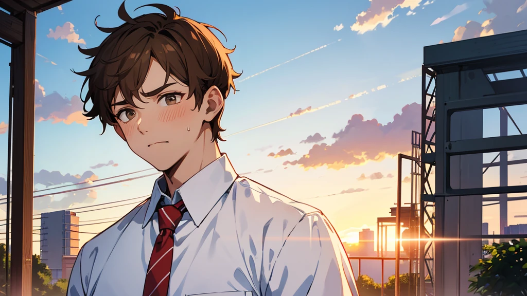The background is the vacant lot behind the gymnasium illuminated by the summer sunset.、An upper body shot of a manly, handsome high school boy、The high school boy has light brown hair, his ears and face are dyed red, and he is looking at me with a very embarrassed expression.、He is wearing his summer uniform shirt and loose tie.