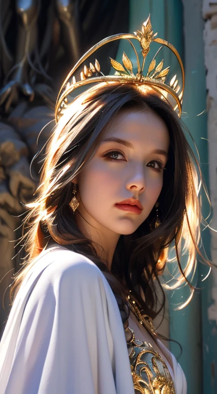 (masterpiece, best quality : 1.2), high resolution, (Practical), The center of the dark castle, girl in shining armor, Shining full armor, Full armor, Gold and white armor, Beauty breasts , Transcendental Consciousness, Glowing Rune, Shining Halo, brightness, brightness