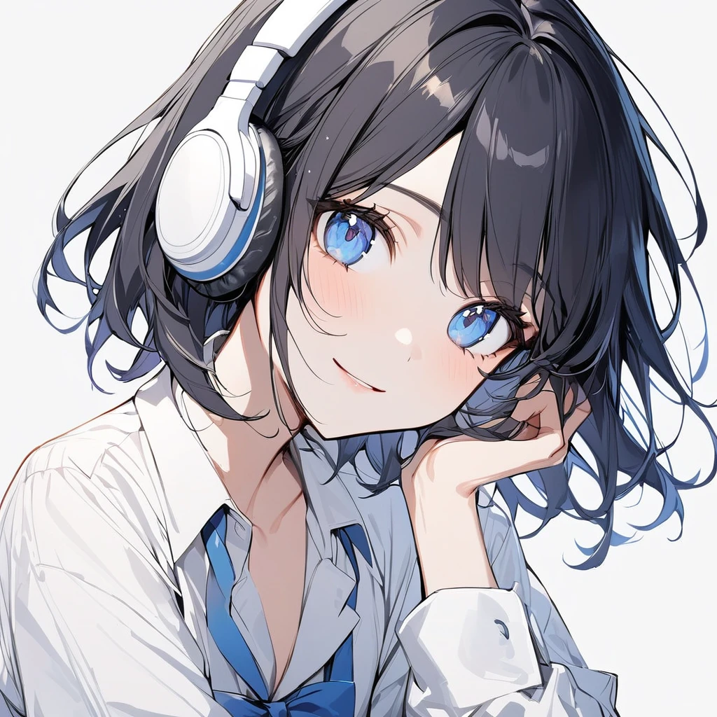 beautiful 1girl, solo, gentle smile on her face flat chest, short hair, black hair, beautiful blue eyes, young, adult woman, blank background, while wearing wireless white headphones, formal white shirt and a blue bowtie