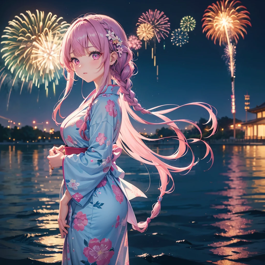 Sky Blue Medium Hair, (Braided hair),(Pink Eyes),Fair skin ,(whole body),(1 girl)、Floral Yukata、summer night、Fireworks on the lake、Big fireworks、Straight bangs,(masterpiece, Highest quality, Very detailed, Best Shadow), (Detailed Background), (Beautifully detailed face), High Contrast, (Best lighting, Very delicate and beautiful), ((Cinematic Light)), colorful, Hyper Detail 8k, Dramatic Light, Intricate details,Fireworks light reflected on the water