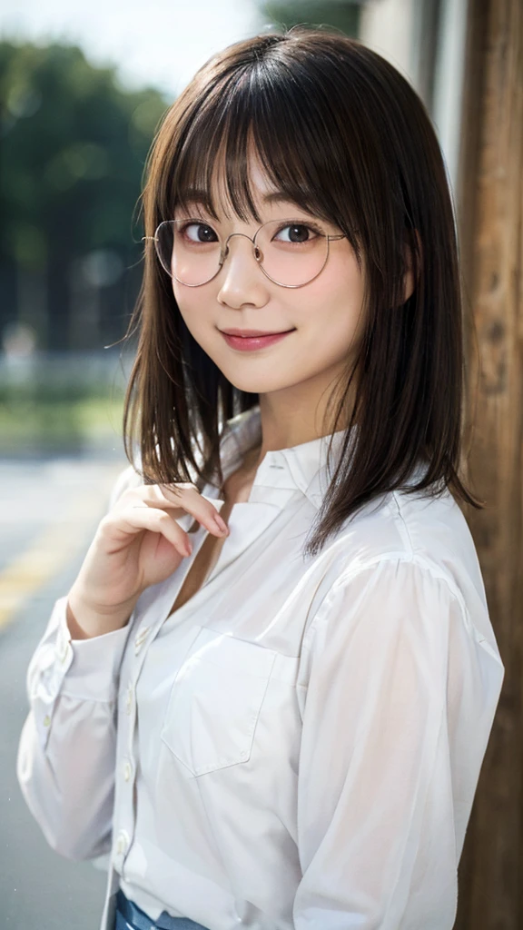 Japanese girl looking at the viewer, posing with a smile (highest quality, masterpiece))), (((wearing(White shirt)))、High resolution, very detailed, masterpiece, cinematic lighting, (8K, highest quality, masterpiece: 1.2), (realistic, photorealistic: 1.37) high resolution, Super detailed, 1 girl, woman wearing glasses, thin frame round glasses, light colored glasses frames, ASİAN, cute, cute face, alone, short hair 1.2, rough skin, beautiful smile, beautiful detailed sky, movie lighting, Depth of the bounds written, lens flare light, On a date, (blush), (smile: 1 ),(closed your mouth), Beautiful eyes in every detail, (long hair: 1.2)、 floating hair nova frog style,Rainy side、((本を読んでいる))、((大きくて豊かな胸:1.5))