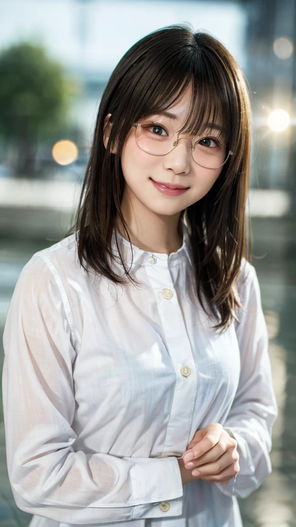 Japanese girl looking at the viewer, posing with a smile (highest quality, masterpiece))), (((wearing(White shirt)))、High resolution, very detailed, masterpiece, cinematic lighting, (8K, highest quality, masterpiece: 1.2), (realistic, photorealistic: 1.37) high resolution, Super detailed, 1 girl, woman wearing glasses, thin frame round glasses, light colored glasses frames, ASİAN, cute, cute face, alone, short hair 1.2, rough skin, beautiful smile, beautiful detailed sky, movie lighting, Depth of the bounds written, lens flare light, On a date, (blush), (smile: 1 ),(closed your mouth), Beautiful eyes in every detail, (long hair: 1.2)、 floating hair nova frog style,Rainy side、((本を読んでいる))、((大きくて豊かな胸:1.5))