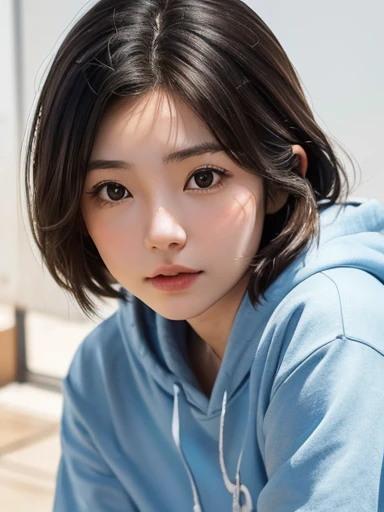(masterpiece:1.3), (8k, Realistic, RAW Photos, Highest quality: 1.4)、White wall、Close-up of an 18-year-old woman in a blue T-shirt, Roll up your hoodie、Medium Short Hair、Yoshitomo Nara, shikamimi, Chiho, mayuri shiina, A real young gravure idol, beast, , Kotegawa Yui, 8k、narumi kakinouchi