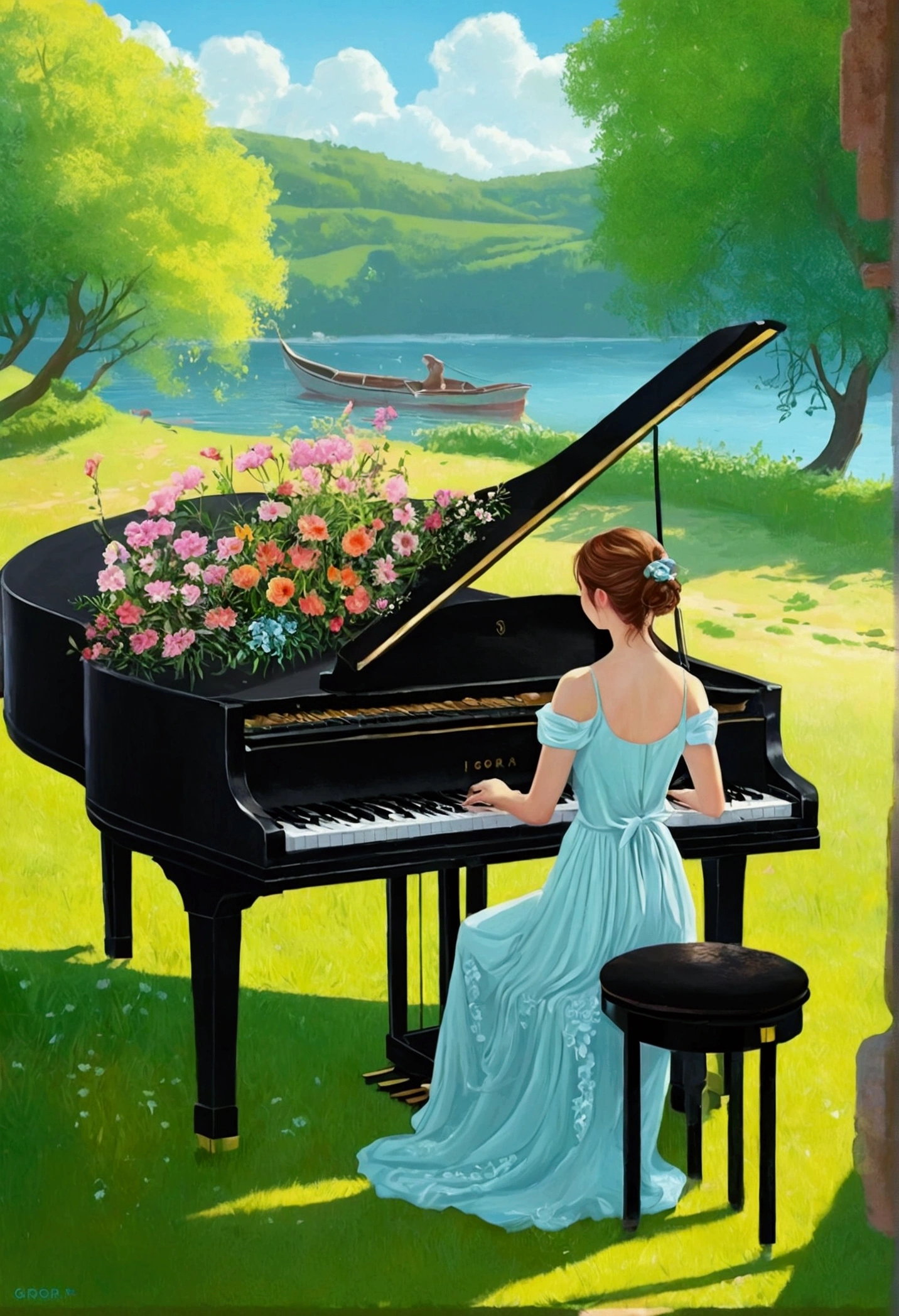 一位妇女在海滩与海鸥一起play piano的画作, Igor Grabar (Igor Grabar) Beautiful art paintings, pixabay contest winners, , pianist, artwork, Exquisite painting skills, romantic, play piano, Summer environment, Fantasy Art, brilliant composition, Stylized digital illustration, a beautiful artwork illustration, musician, Summer morning, Pastel style