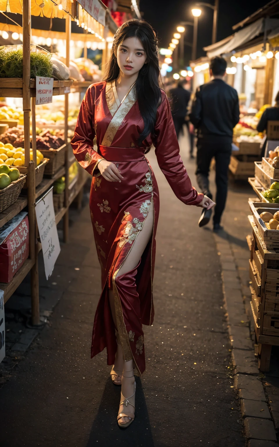 Full body Fairy tale scene circa 1800 Beautiful Korean princess walking in an Indian market in a bright flowing dress Long black hair Realistic skin texture Vivid colors Crafted textures Romantic oriental feel