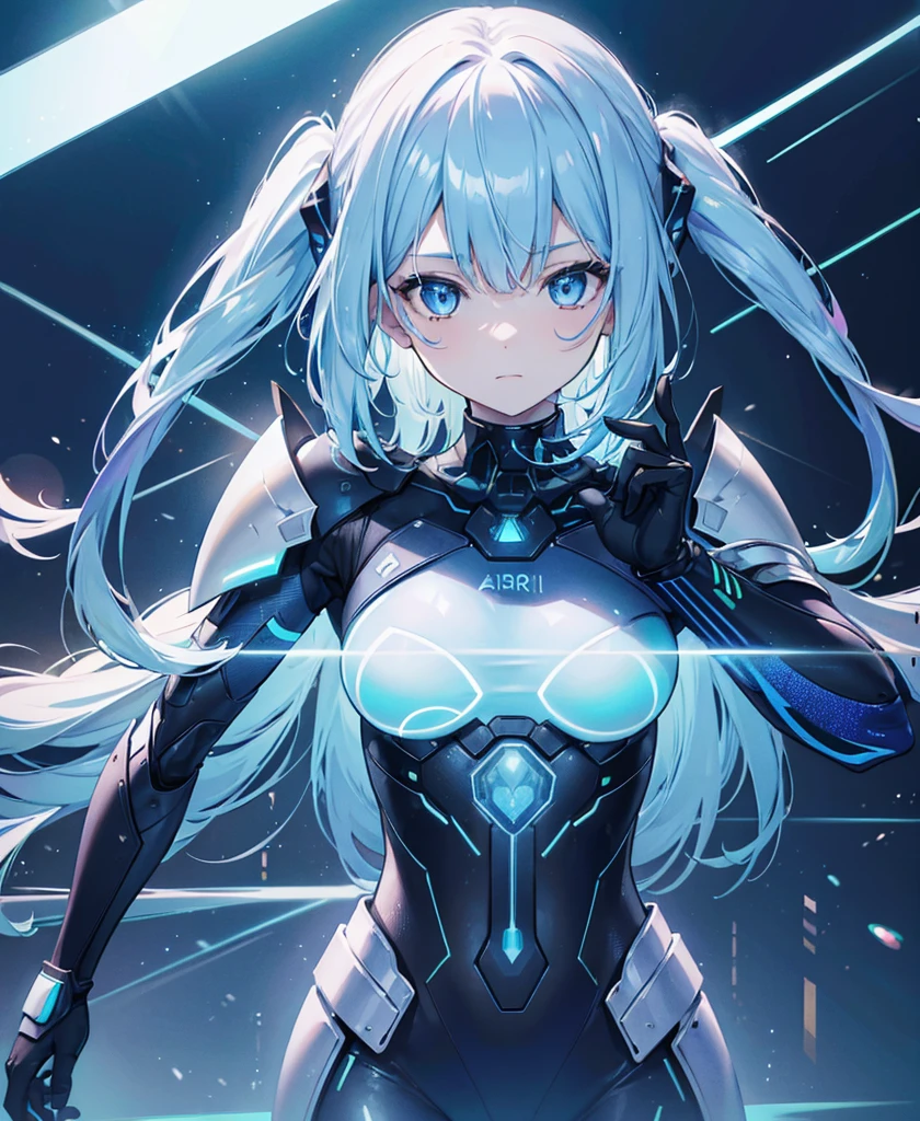 ((Holographic glow effect)),8k, Highest quality, (real:1.4), Original photo, 1 girl, Asari Hair, Biological Amplifier, refined armor, posture: Peace talks between warring factions, smart blue eyes,whole body