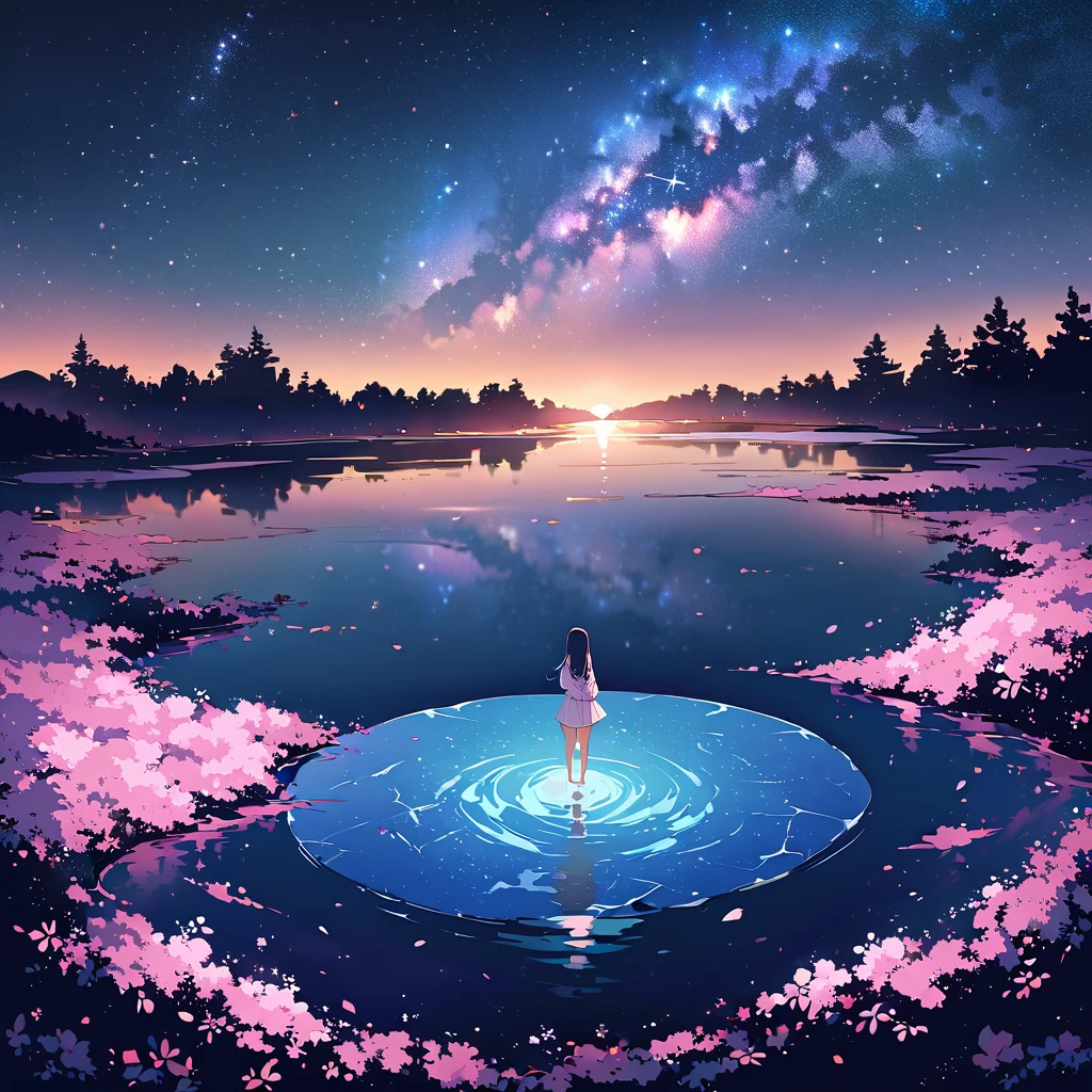 ((Highest quality)), ((masterpiece)), ((Ultra Wide Angle)),night,woman、,Standing on a salt lake,The water surface is like a mirror,Reflecting the sky。Look at the sky,The Milky Way is in the sky,(cherry blossoms),cherry blossoms並木,ピンクのcherry blossoms,(cherry blossomsの巨木)