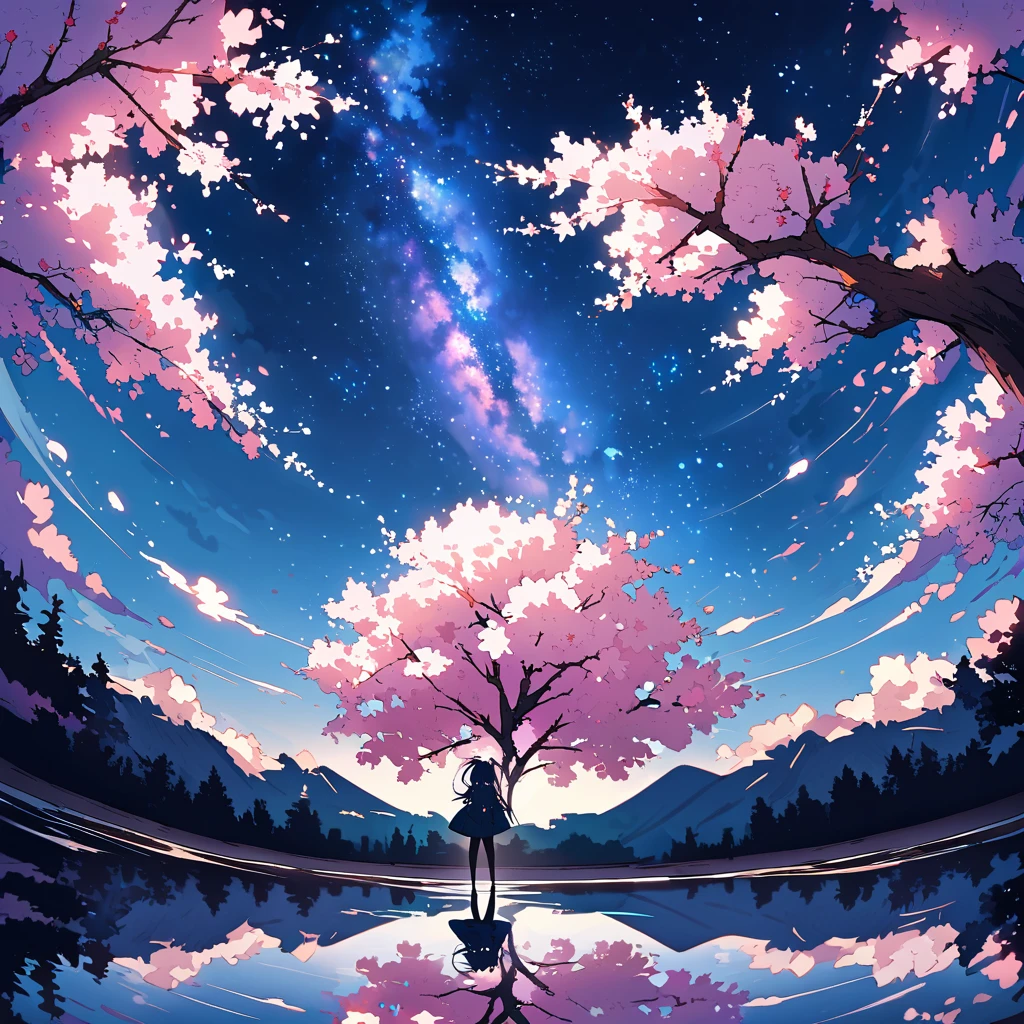 ((Highest quality)), ((masterpiece)), ((Ultra Wide Angle)),night,woman、,Standing on a salt lake,The water surface is like a mirror,Reflecting the sky。Look at the sky,The Milky Way is in the sky,(cherry blossoms),cherry blossoms並木,ピンクのcherry blossoms,(cherry blossomsの巨木)