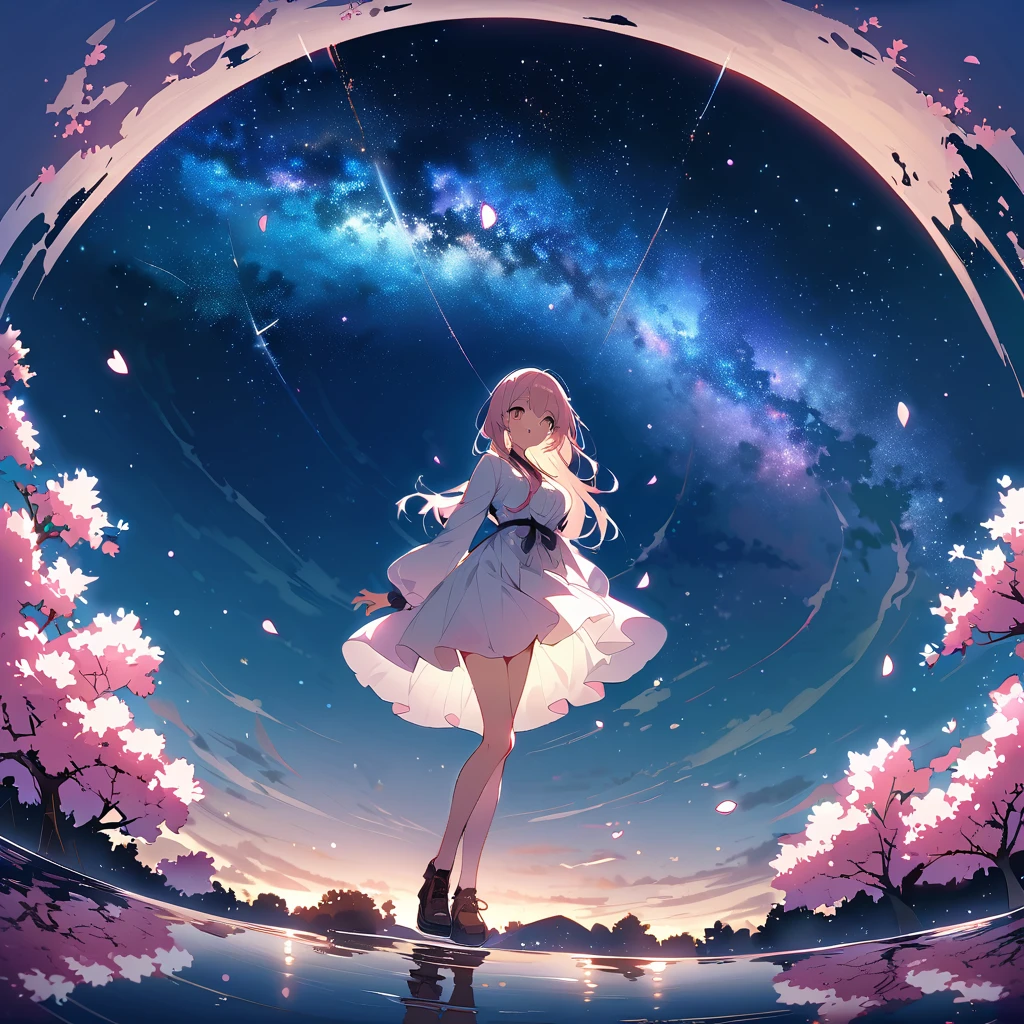 （（Highest quality））， （（masterpiece））， （（Ultra Wide Angle）），night,woman、，Standing on a salt lake，The water surface is like a mirror，Reflecting the sky。Look at the sky，The Milky Way is in the sky,（cherry blossoms）,cherry blossoms並木,ピンクのcherry blossoms,（cherry blossomsの巨木）