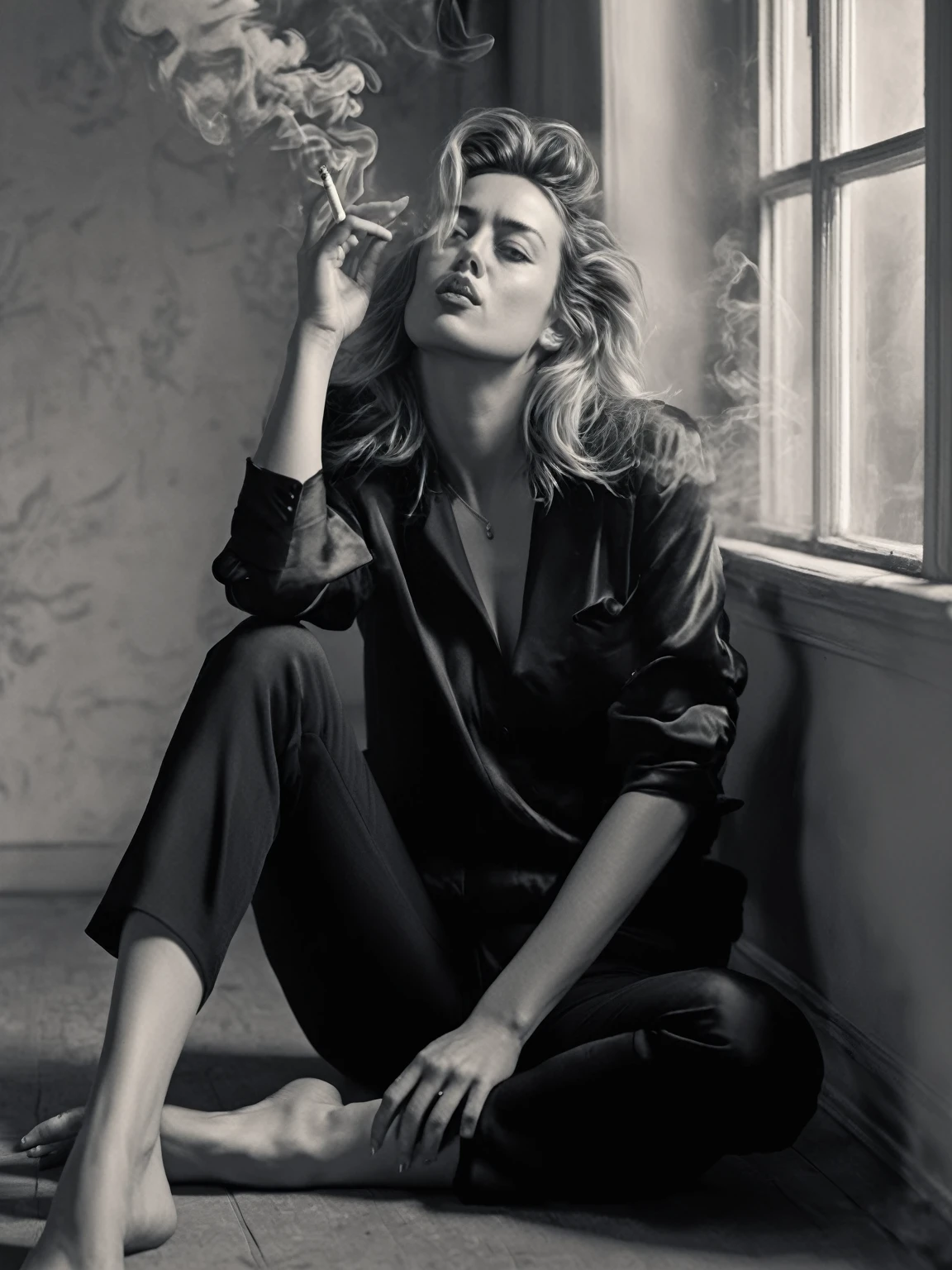 araffe woman sitting on the floor smoking a cigarette, dramatic smoking pose, smoking woman, intense smoldering, amber heard squatting on a bed, woman smoking cigarette, portrait of ana de armas, ana de armas portrait, by Emma Andijewska, woman smoking a cigarette, with cigar, portrait of a smoking woman, amber heard, smoking