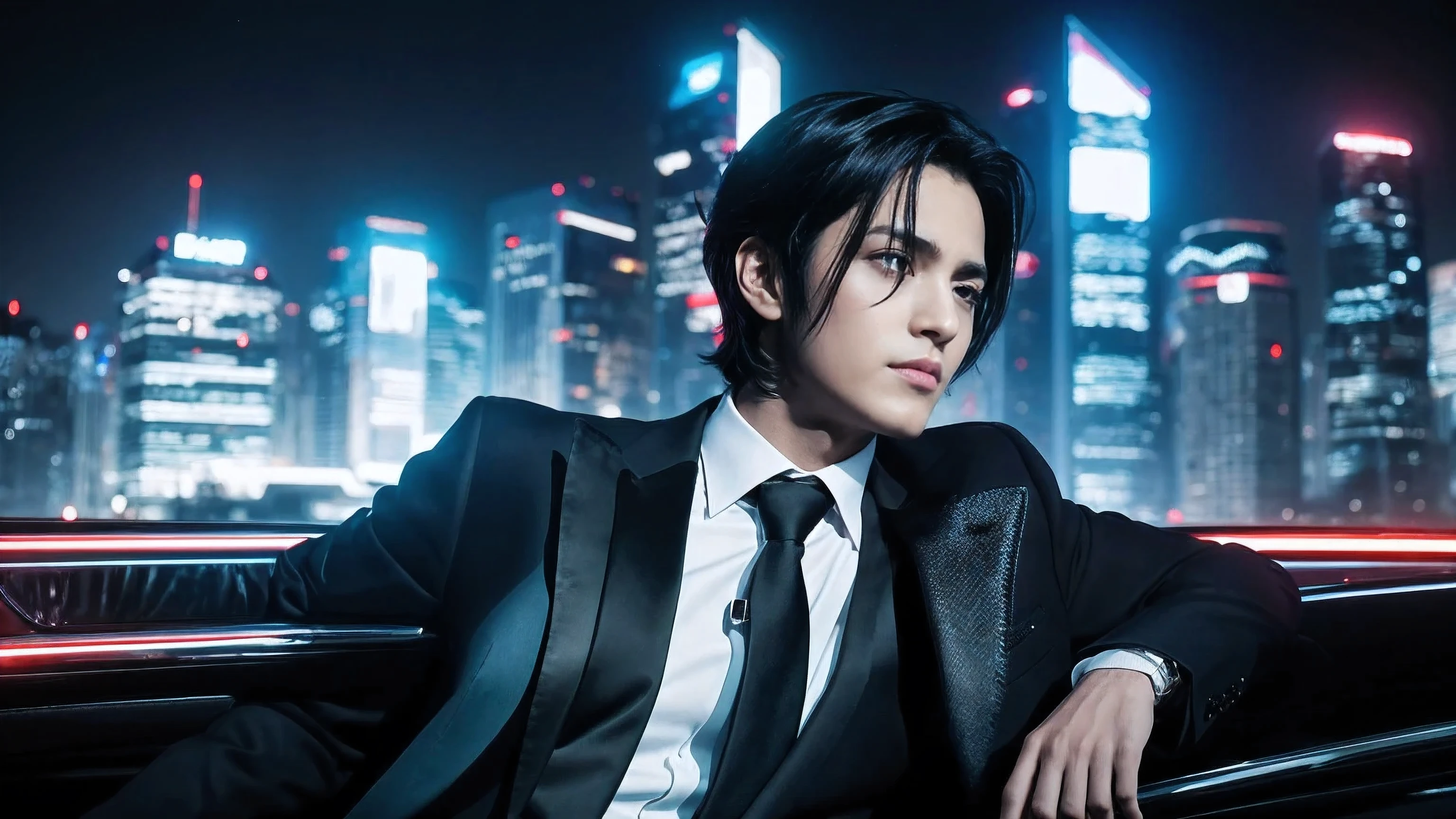 A hyper-realistic illustration of a person with black hair, dressed in a luxurious, modern suit that exudes wealth. The person is looking upwards with a slight tilt of the head, displaying a confident and determined expression. The background is a futuristic cityscape with neon lights and high-tech elements. The overall style is sleek and modern, with vibrant colors and a sci-fi atmosphere. A luxury car is in the background, and there is a faint AI hologram and money floating around . The image is in widescreen aspect ratio.